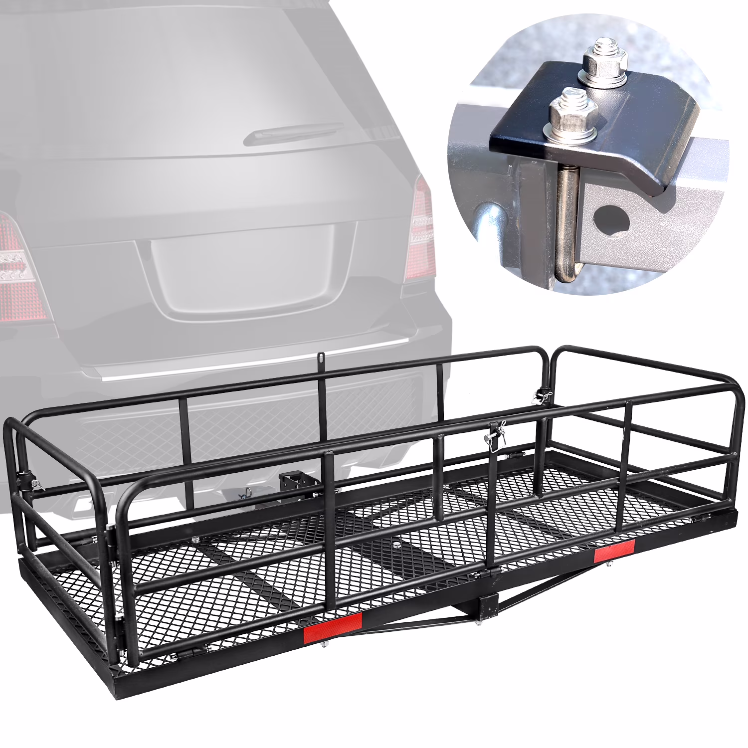 Leader Accessories High Side Folding Trailer Hitch Mount Cargo Rack Carrier Luggage Basket 59”L x 24”W x 14''H with Anti-Rattle Stabilizer Fits 2