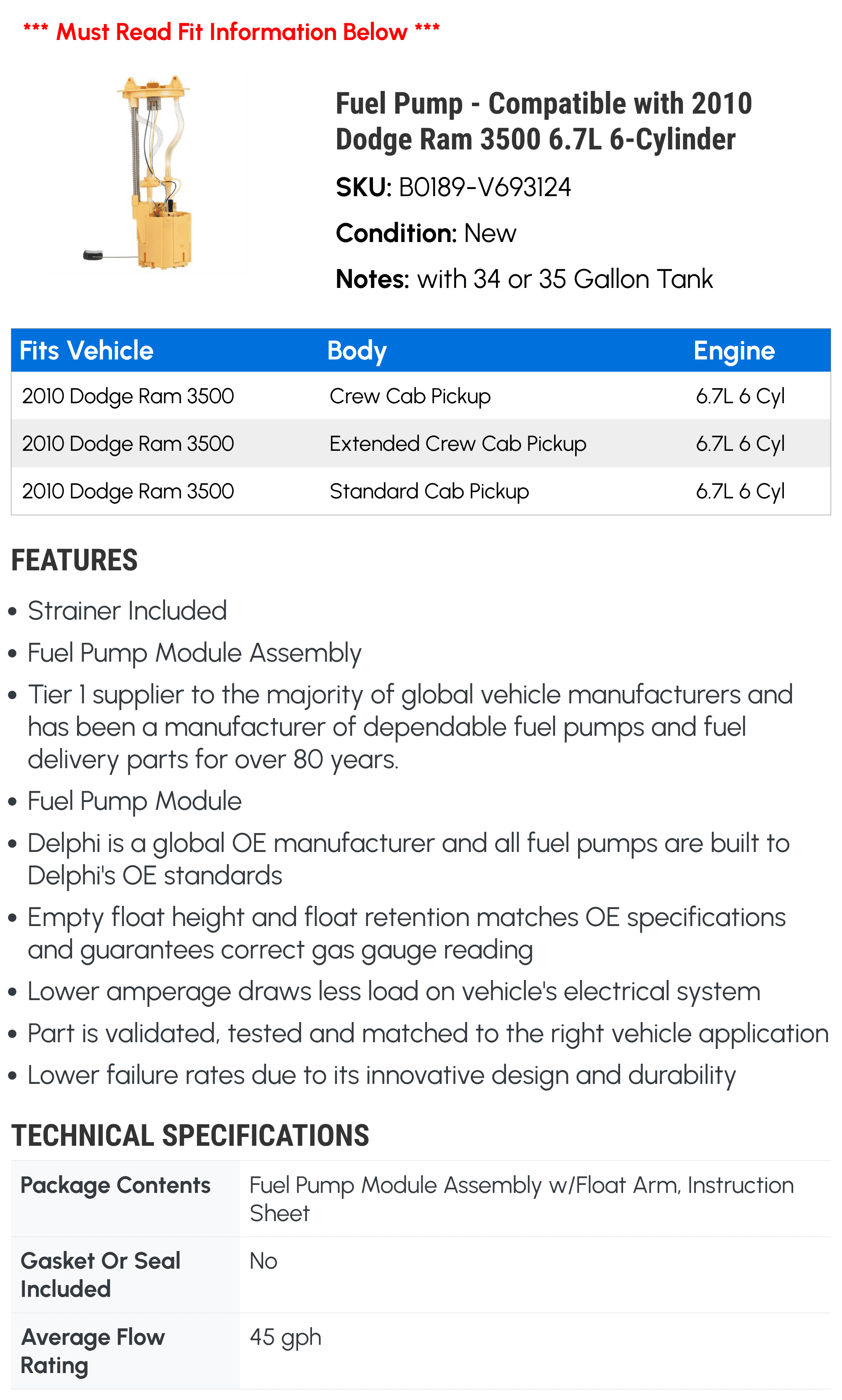 Fuel Pump - Compatible with 2010 Dodge Ram 3500 6.7L 6-Cylinder