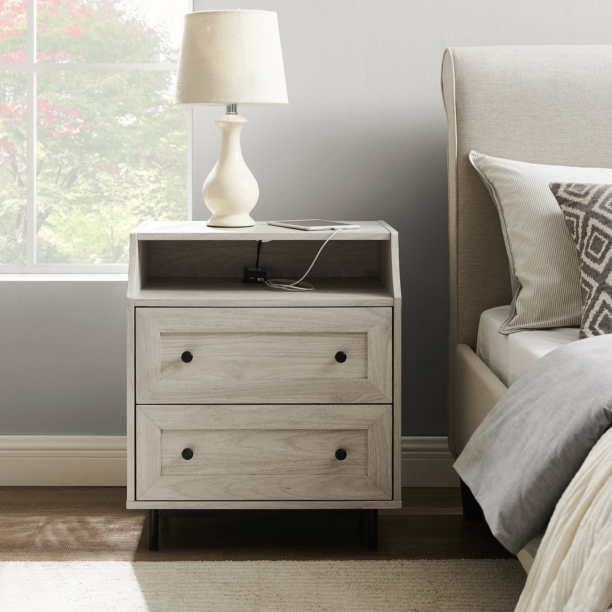 Walker Edison Modern 2 Drawer Nightstand with USB Port, Birch