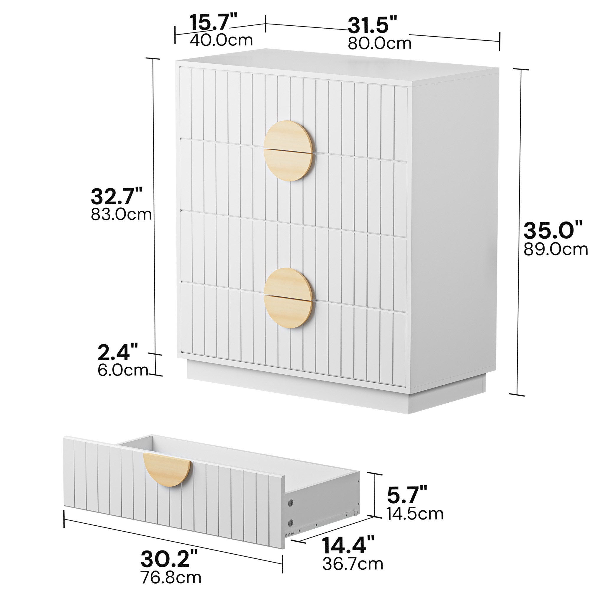 SunsGrove White 4 Drawer Chest Modern Dresser with Striped Textured Panel Finish, Wooden Clothes Organizer for Bedroom, Hallway, Children Room, and Living Room