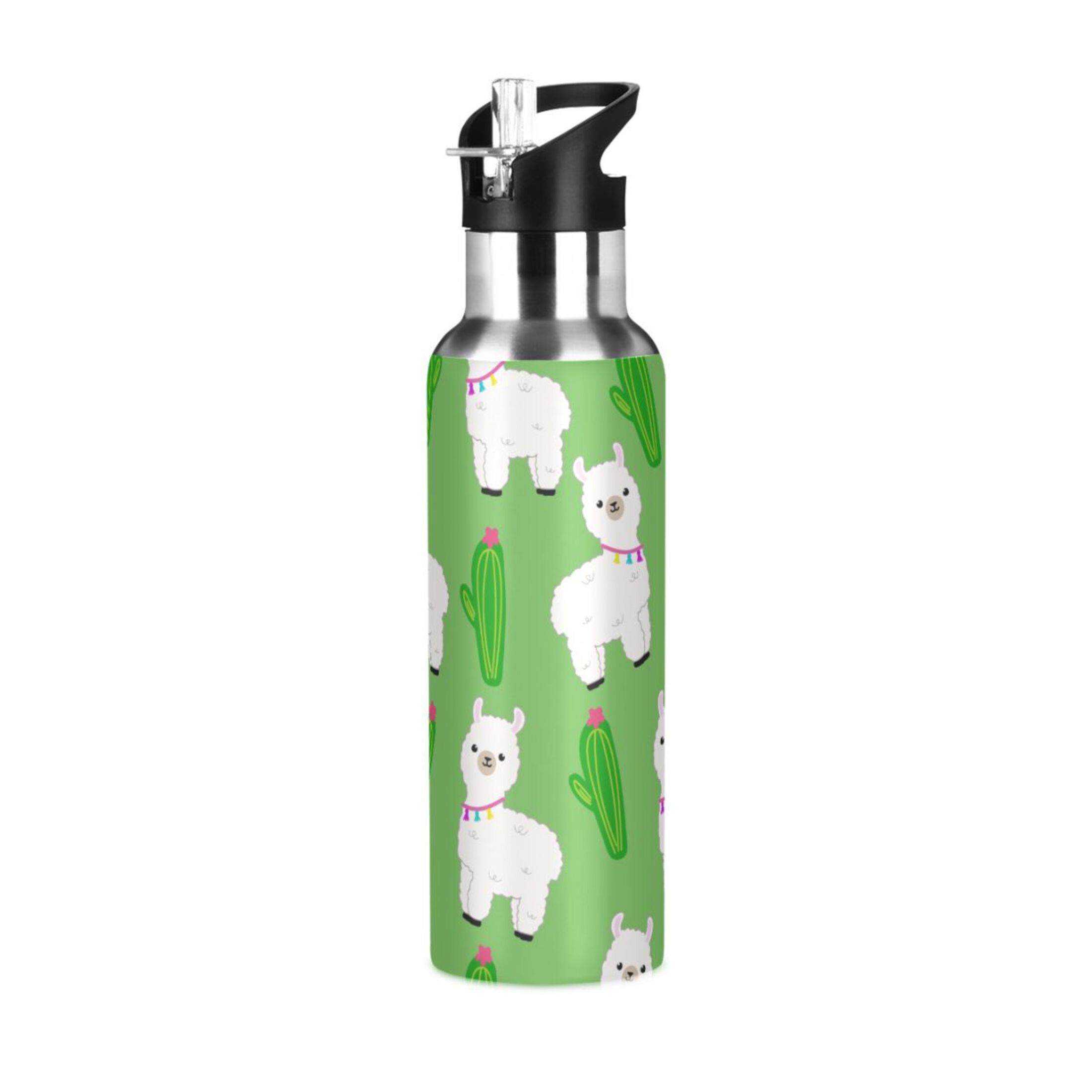 Stainless Steel Water Bottle Cute Alpaca Green Cactus with Straw Lid Vacuum Insulated Leak Proof Flask Jug for Gym Travel Sports Cycling Outdoor 20 OZ