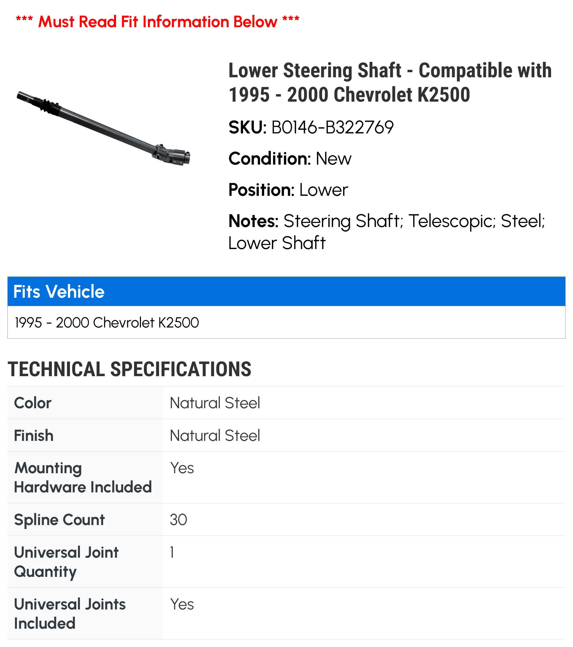 Lower Steering Shaft - Compatible with 1995 - 2000 Chevy K2500 1996 1997 1998 1999