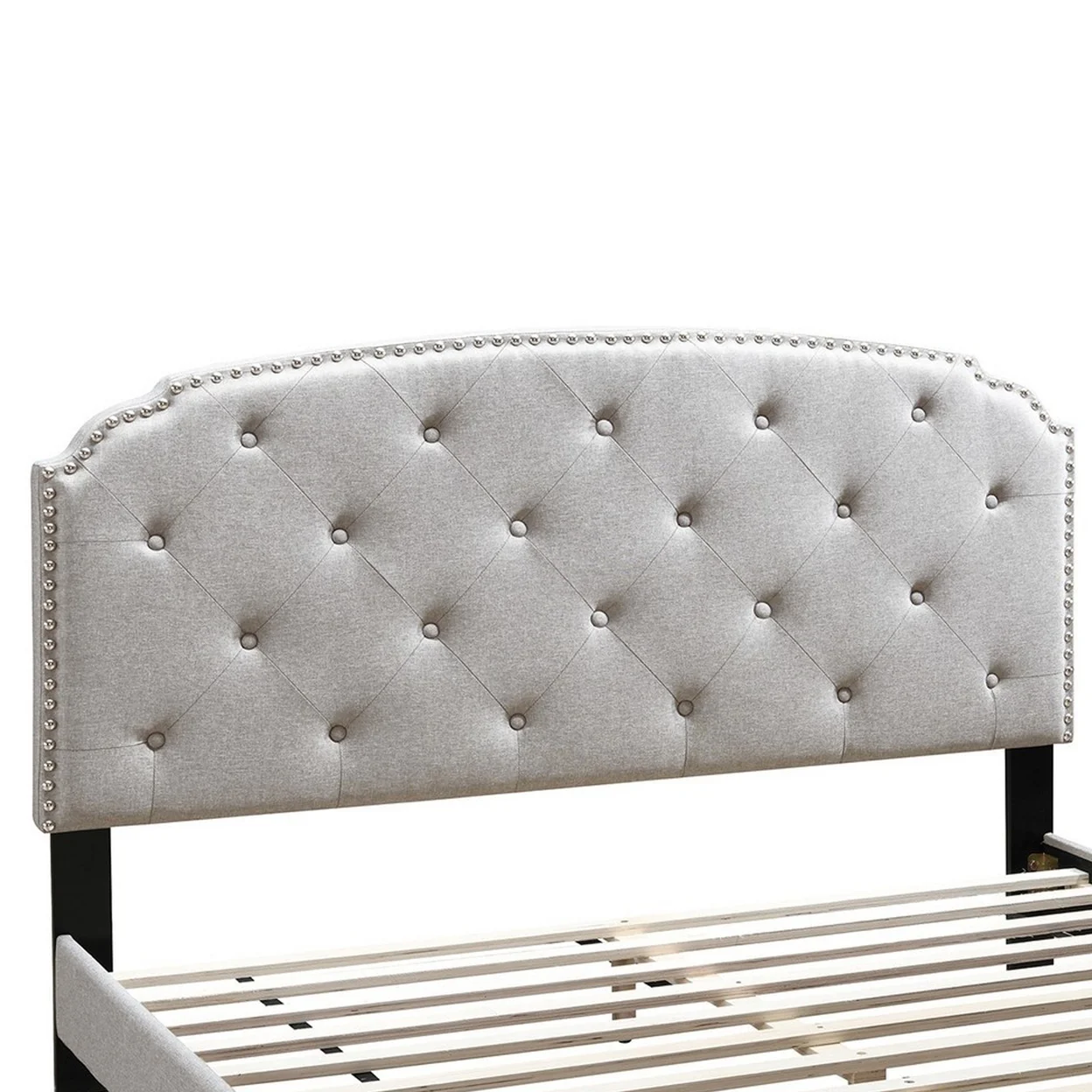 Queen Bed with Button Tufted Scalloped Headboard Light Brown- Saltoro Sherpi