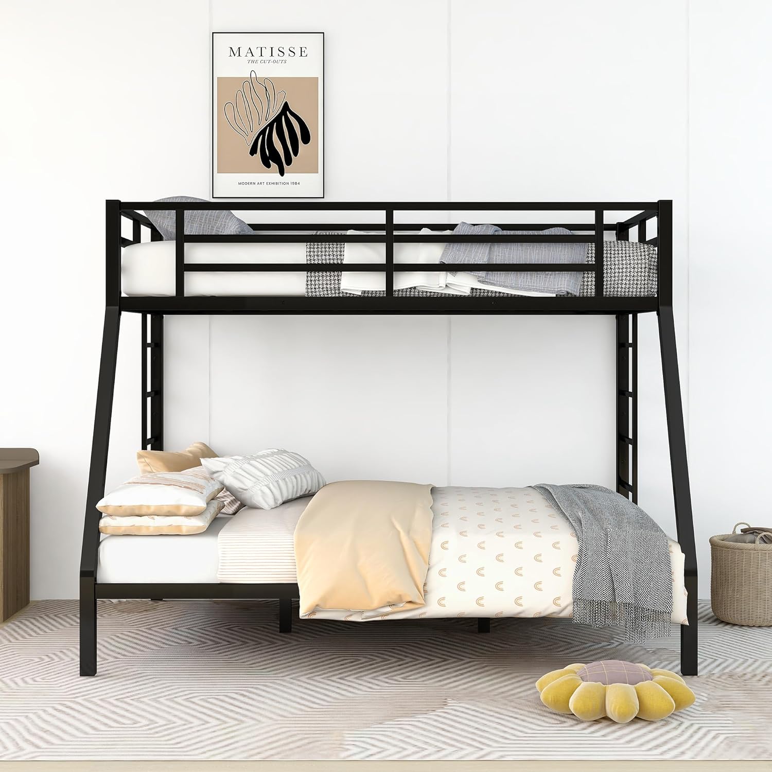 Bunk Bed XL Over Queen Metal Bunk Bed Frame With 2 Ladders And Guardrails, Black