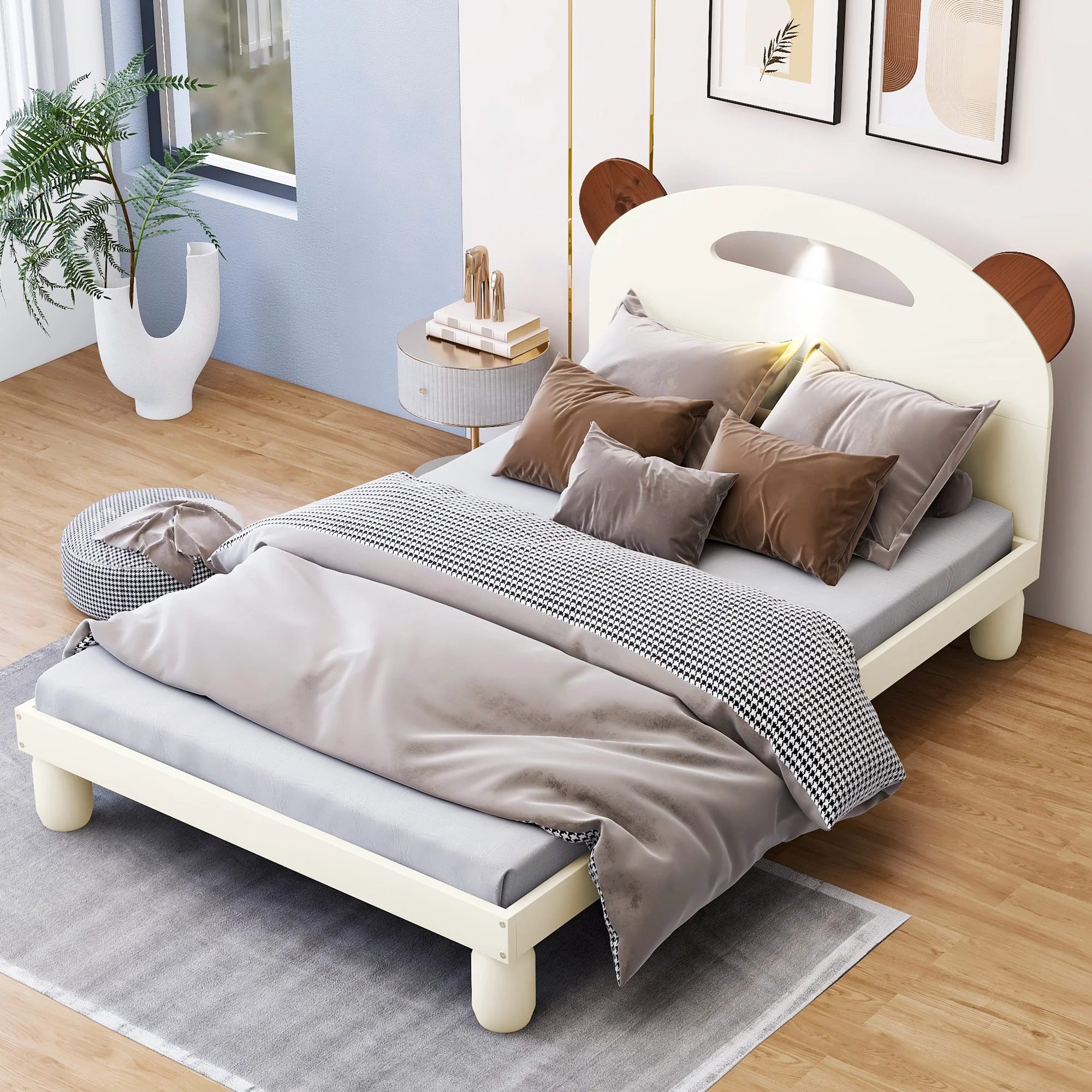 Twin Size Bed Frame with Bear Ears Shaped Headboard and LED - Stylish Upholstered Full Bedframe with Headboard-Cream White