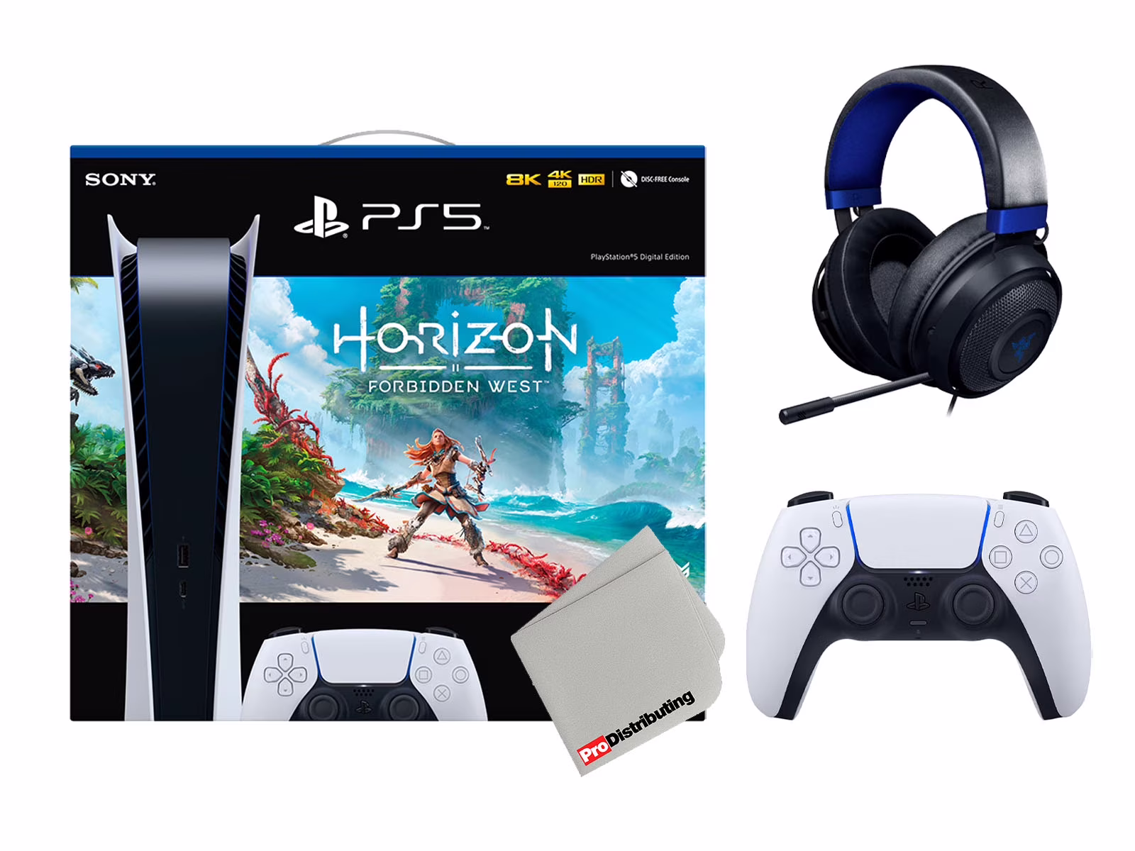 Sony Playstation 5 Digital Edition Horizon Forbidden West Bundle with Extra White Controller, Razer Kraken Gaming Headset and Cleaning Cloth