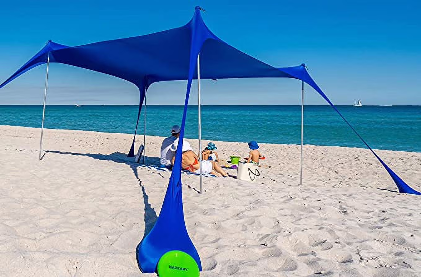 KAZZARY Beach Canopy Tent Sun Shade UPF50+ Portable Lightweight Outdoor Beach Shade Canopy. Easy Setup Beach Tent Sun Shelter with 7ft Tall Stability Poles, Ground Pegs with Flying Disc Sand Shovel