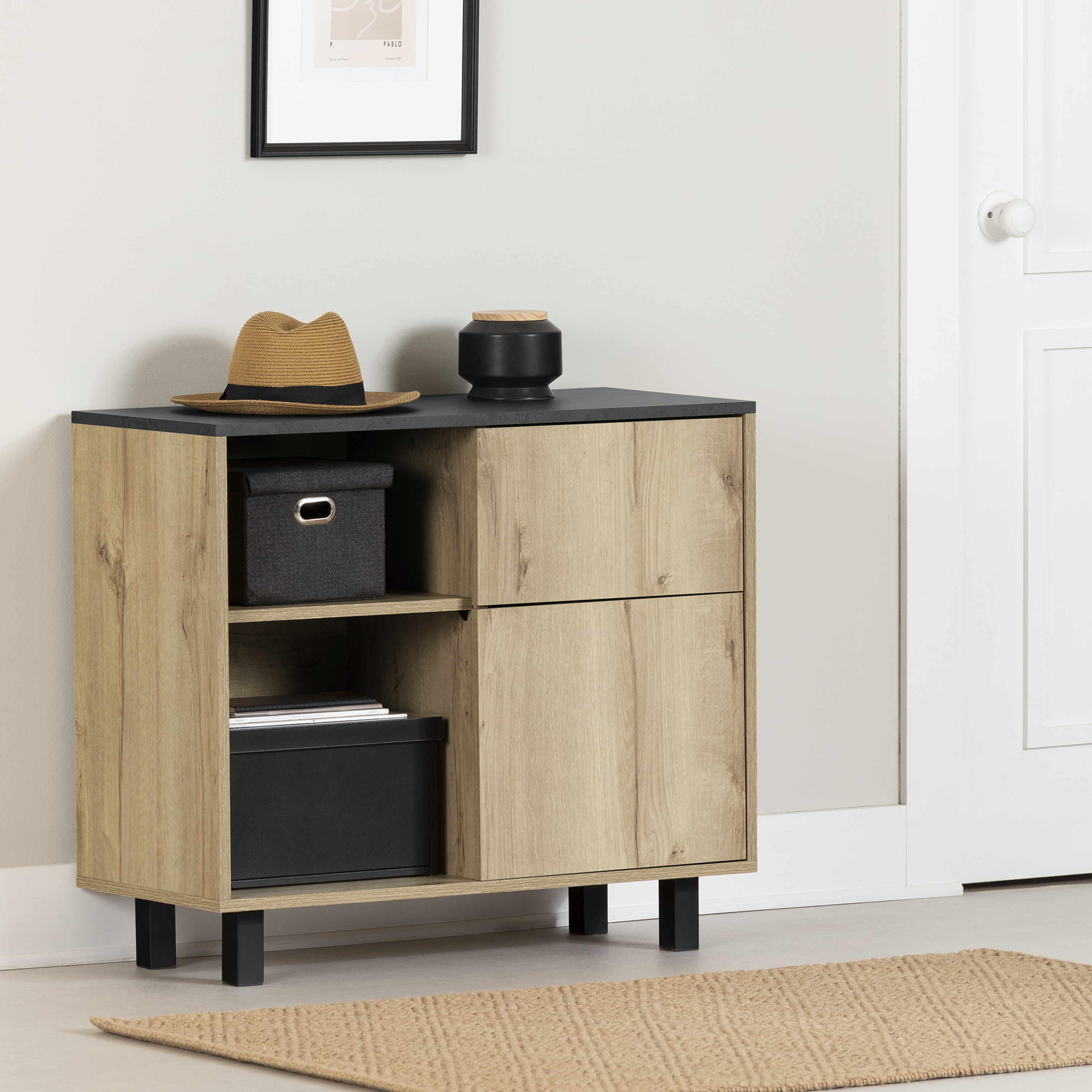 South Shore Toza, Contemporary Storage Unit, Medium Oak and Faux Black Stone