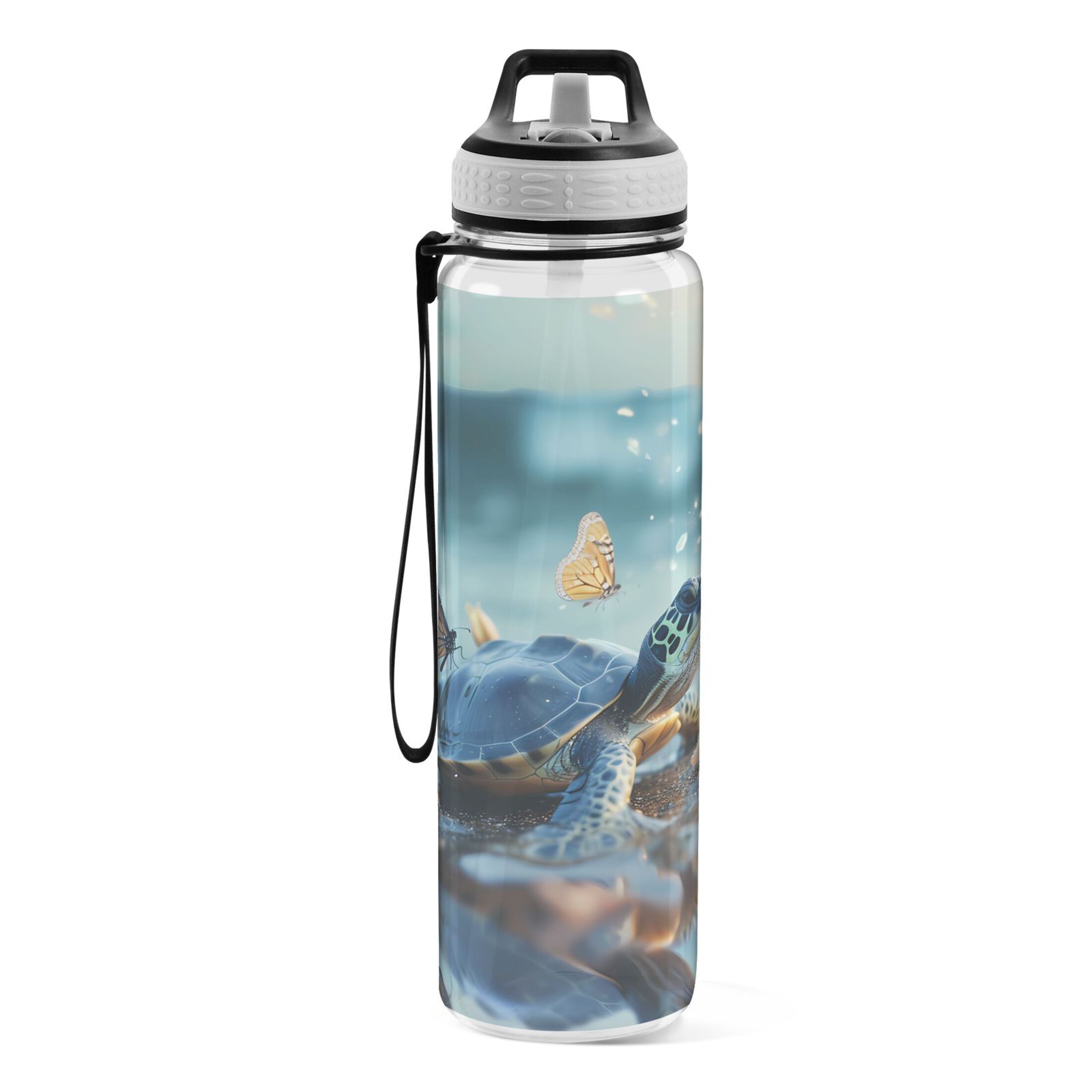 Turtle Butterfly Floral on Water 32oz Sports Water Bottles Leakproof Tritan Bottle with Straw BPA Free Clear Bottle for Fitness Gym Outdoor Cycling