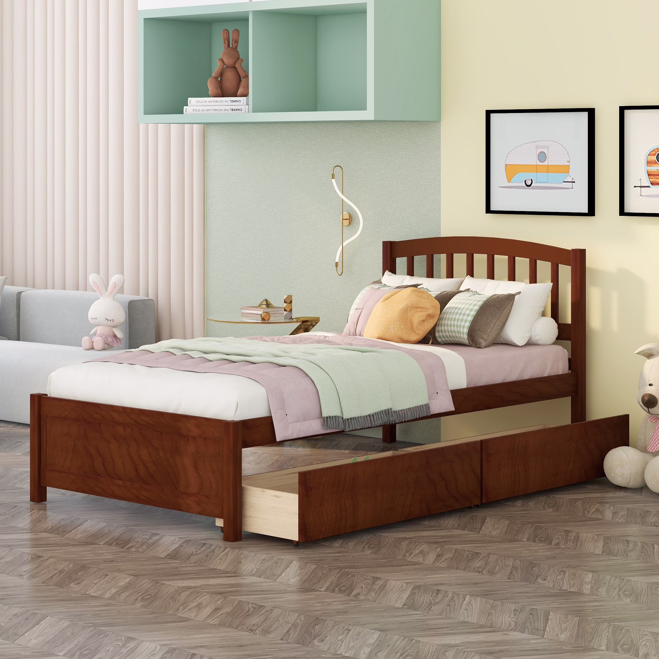 Bellemave Twin Bed Frame with 2 Storage Drawers, Wood Platform Beds with Headboard, Modern Kids Storage Bed (Walnut)