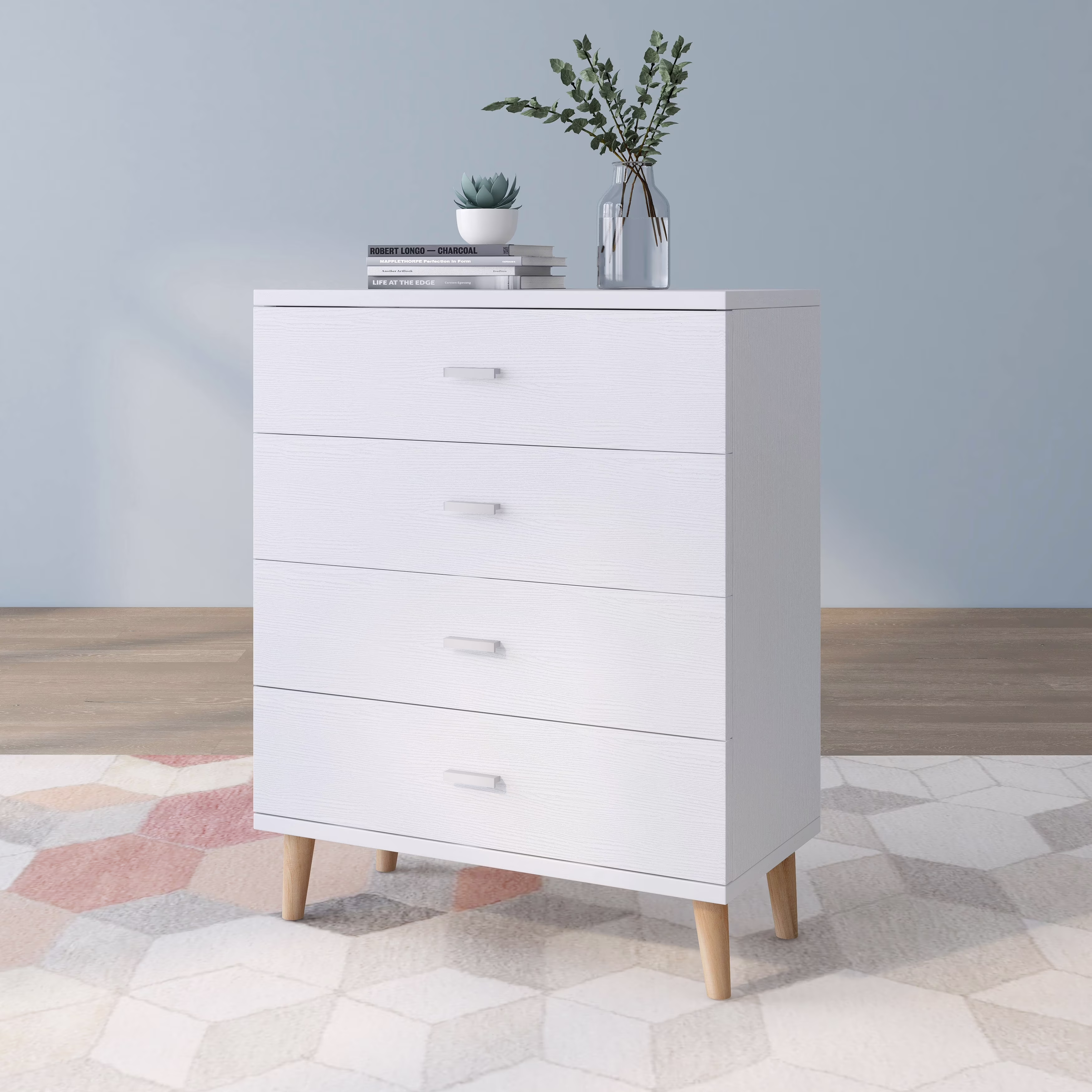 Denhour DH BASIC Mid-Century Modern White 4-Drawer Chest with Bar Pulls by