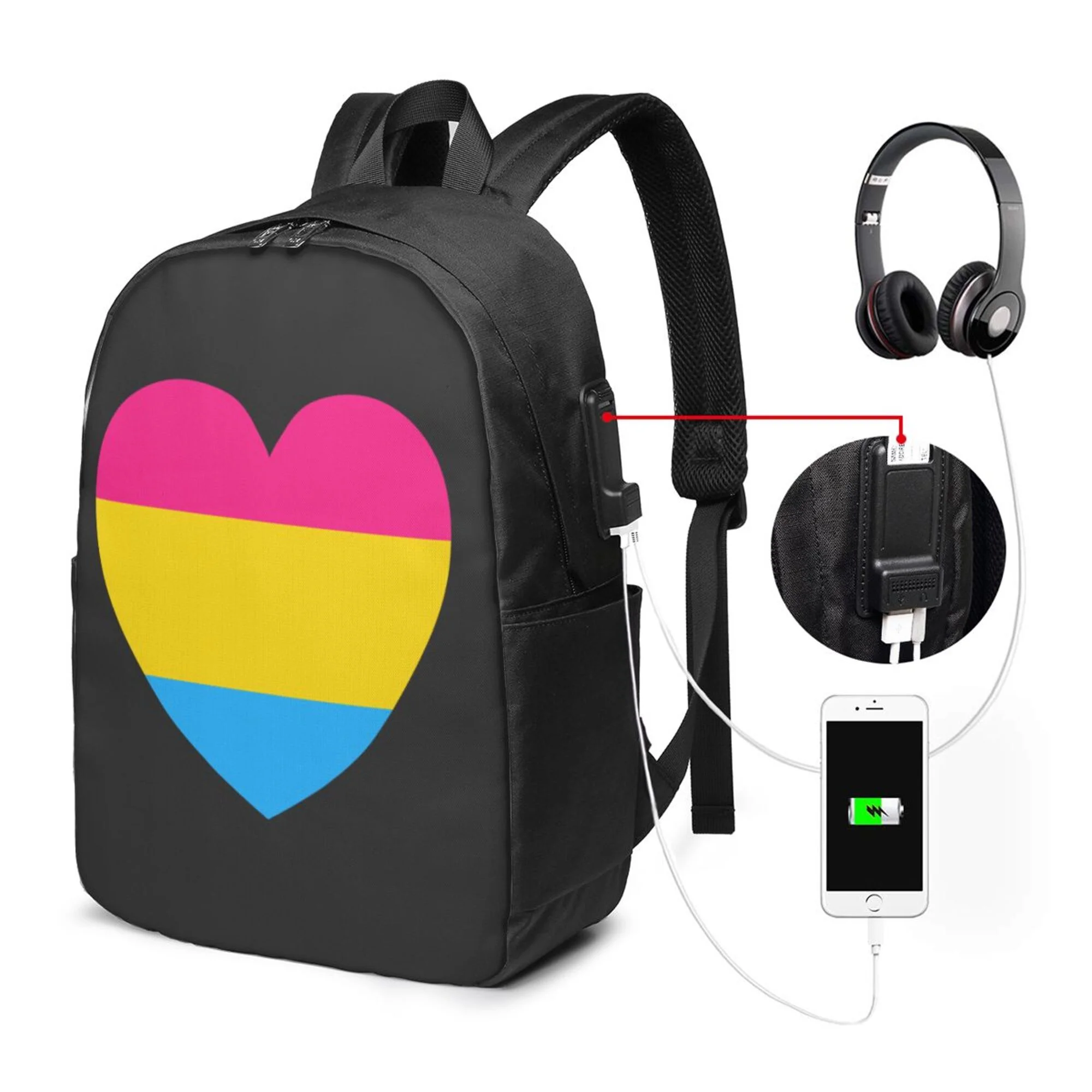 TEQUAN Travel Laptop Backpack, Pansexual Pride Love Heart Prints Outdoor Hiking Bag School Bookbag Casual Lightweight Daypack