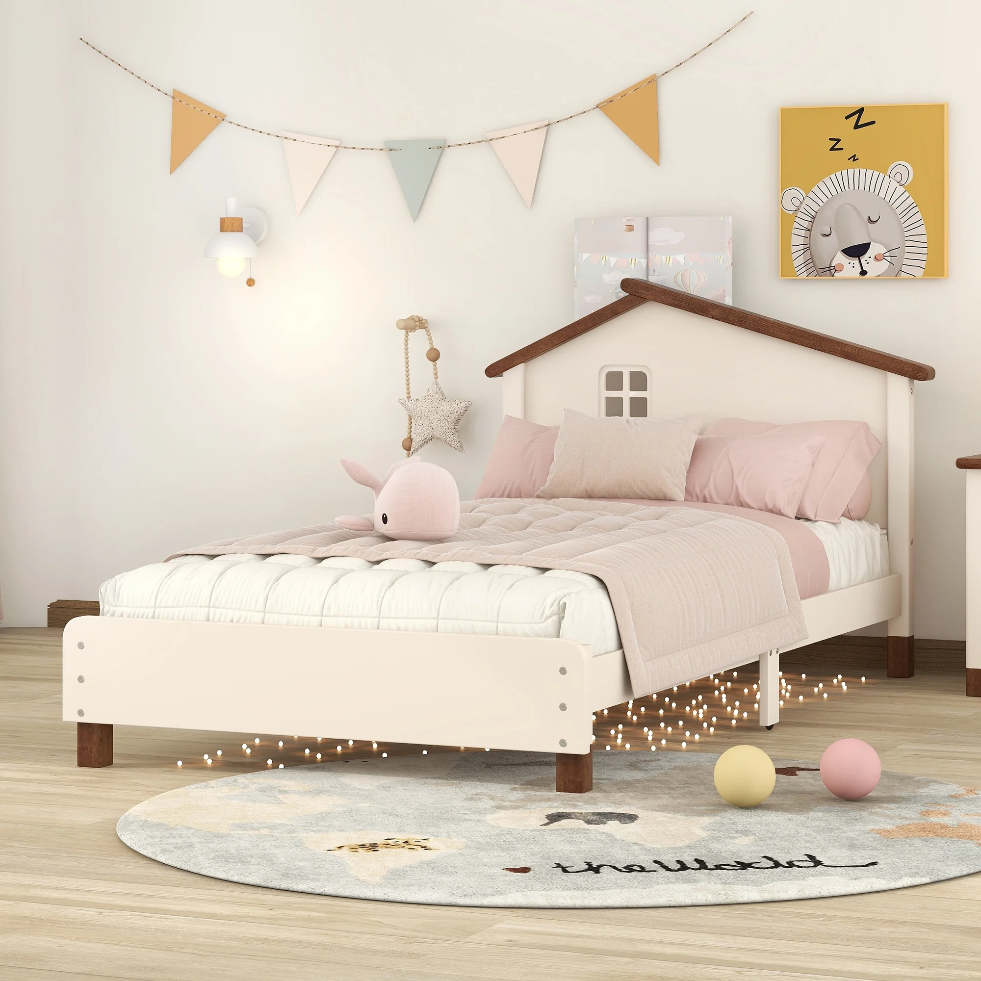Paproos Twin Size Bed Frame, Lovely Wood Platform Bed with House-shaped Headboard, Strong Wooden Slats Support, Heavy Duty Twin Bed Frame for Kids Boys Girls Teens, No Box Soring Needed, Cream