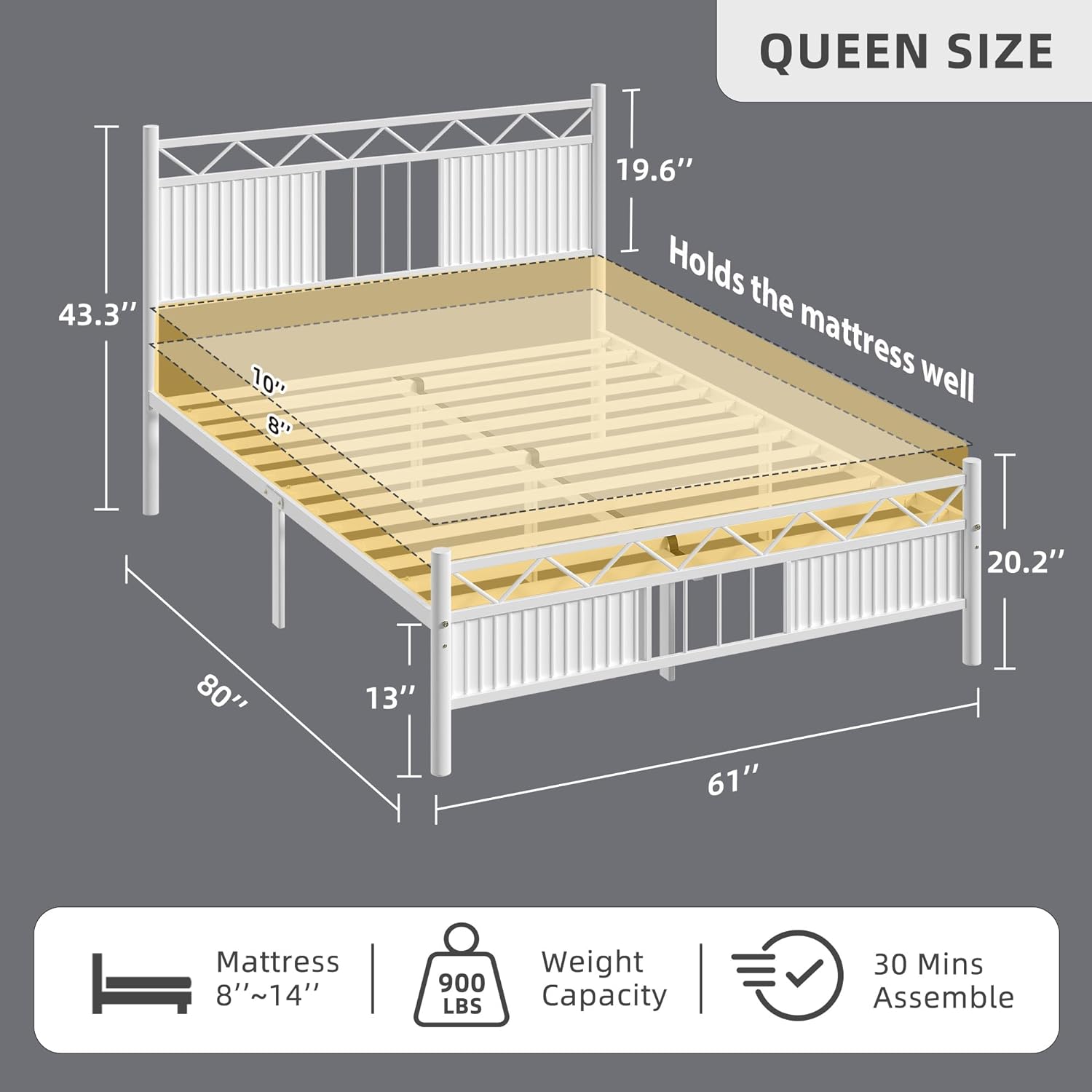 Quee White Metal Platform Bed Frame With Headboard, Sturdy Heavy Duty Slat Support Uder Bed Storage, o Box Sprig eeded oise Easy Assembled