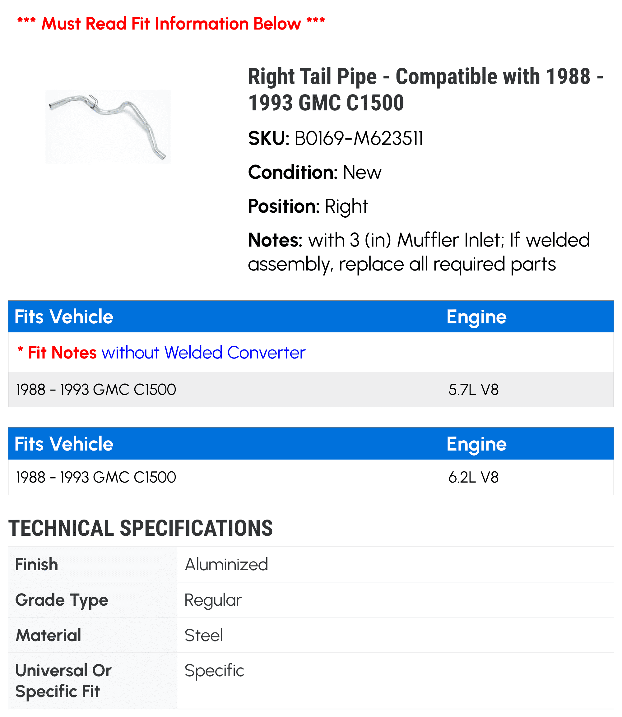Right Tail Line - Compatible with 1988 - 1993 GMC C1500 1989 1990 1991 1992