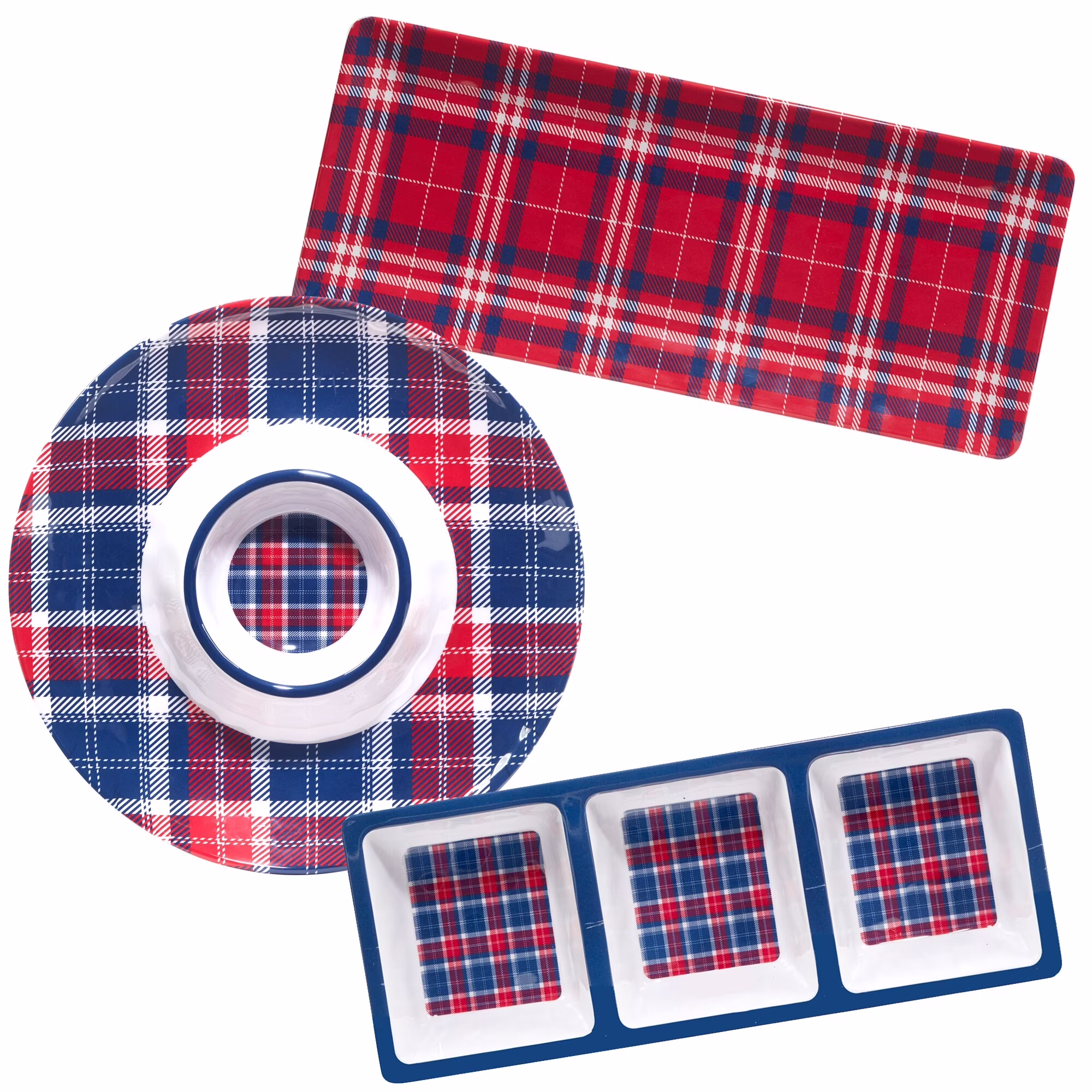 Certified International  Patriotic Plaid Melamine 3 Piece Hostess Servware Set