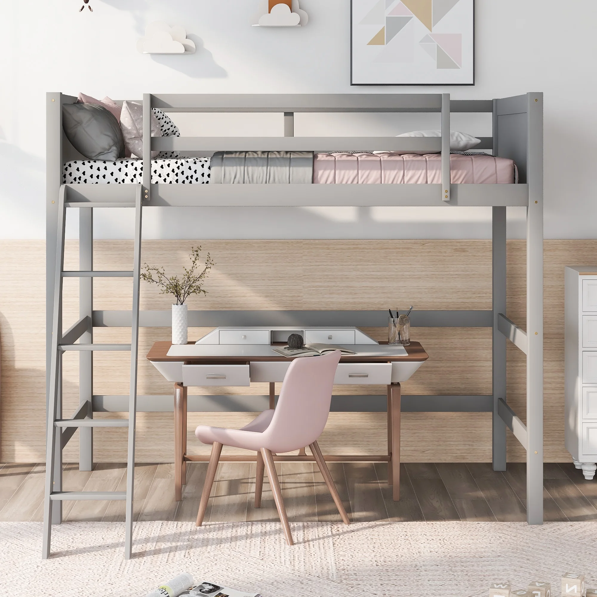 CoSoTower Solid Wood Twin Size Loft Bed With Ladder, Gray