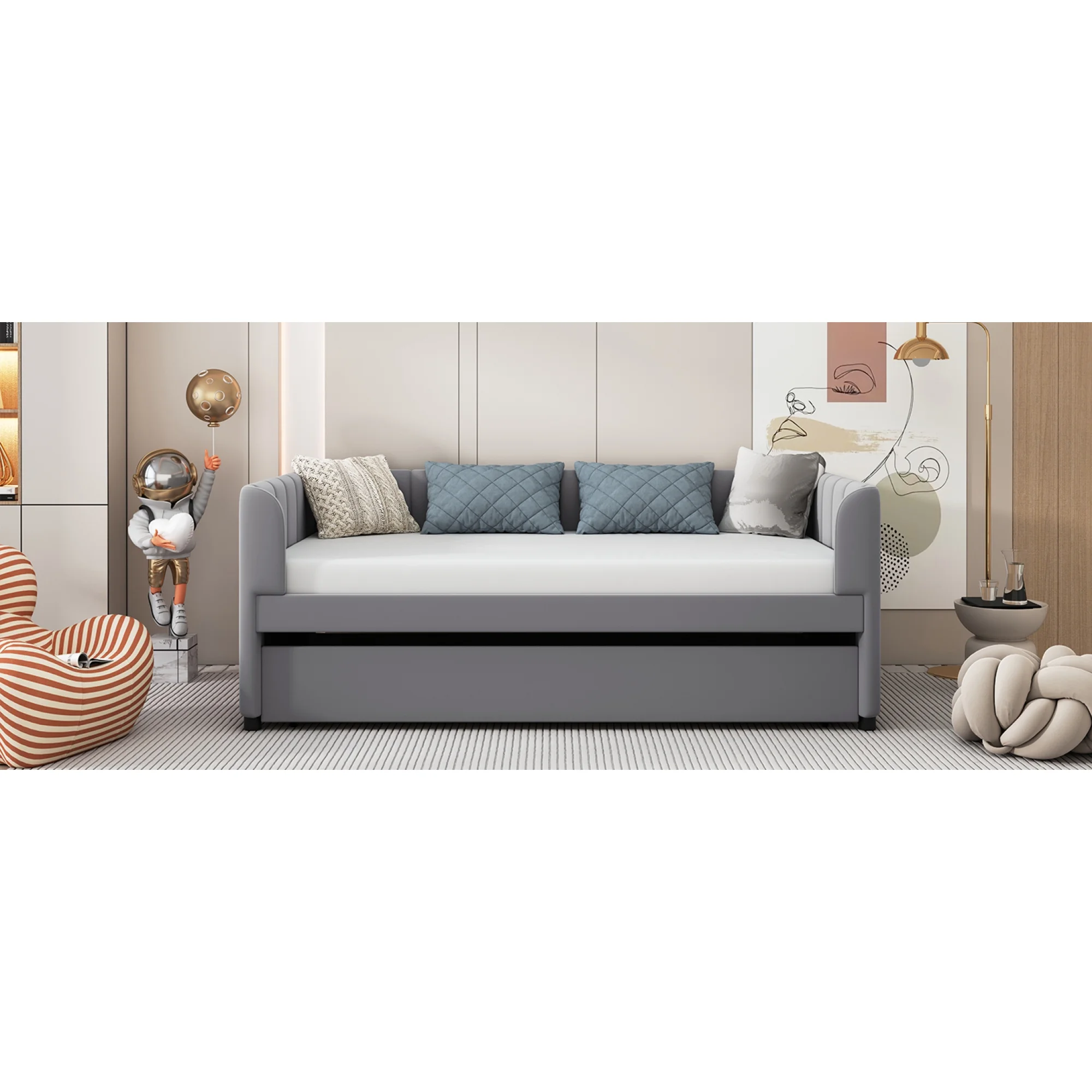 Twin Upholstered Daybed with Trundle & Ergonomic Backrest, Gray - Fits Twin Mattress
