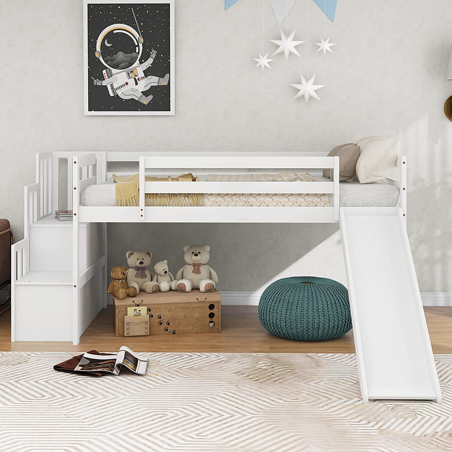 Low Loft Bed With Stairs And Slide, Solid Wood Loft Bed With Storage Shelf, Low Loft Bed For Kids, Teens, Girls & Boys, No Box Spring Needed (, White)
