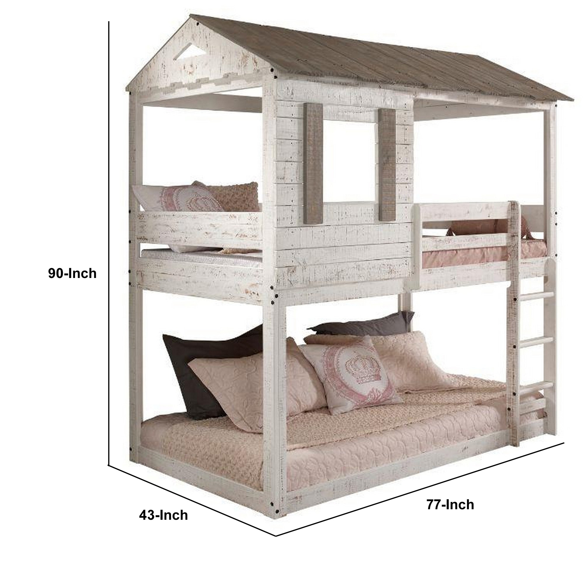 Wooden Twin Bunk Bed with House Design, White and Brown