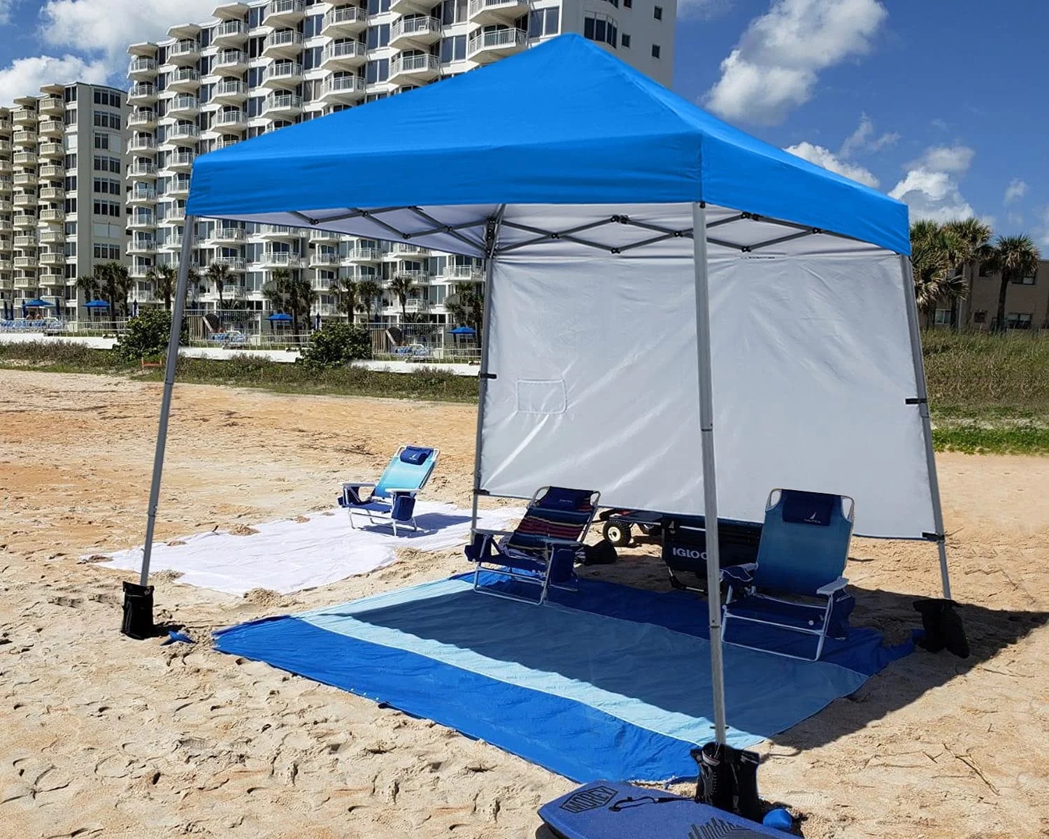 ABCCANOPY 10ft x 10ft Base / 8ft x 8ft Top Pop Up Canopy Tent with 1 Sun Wall and Backpack Bag,Blue