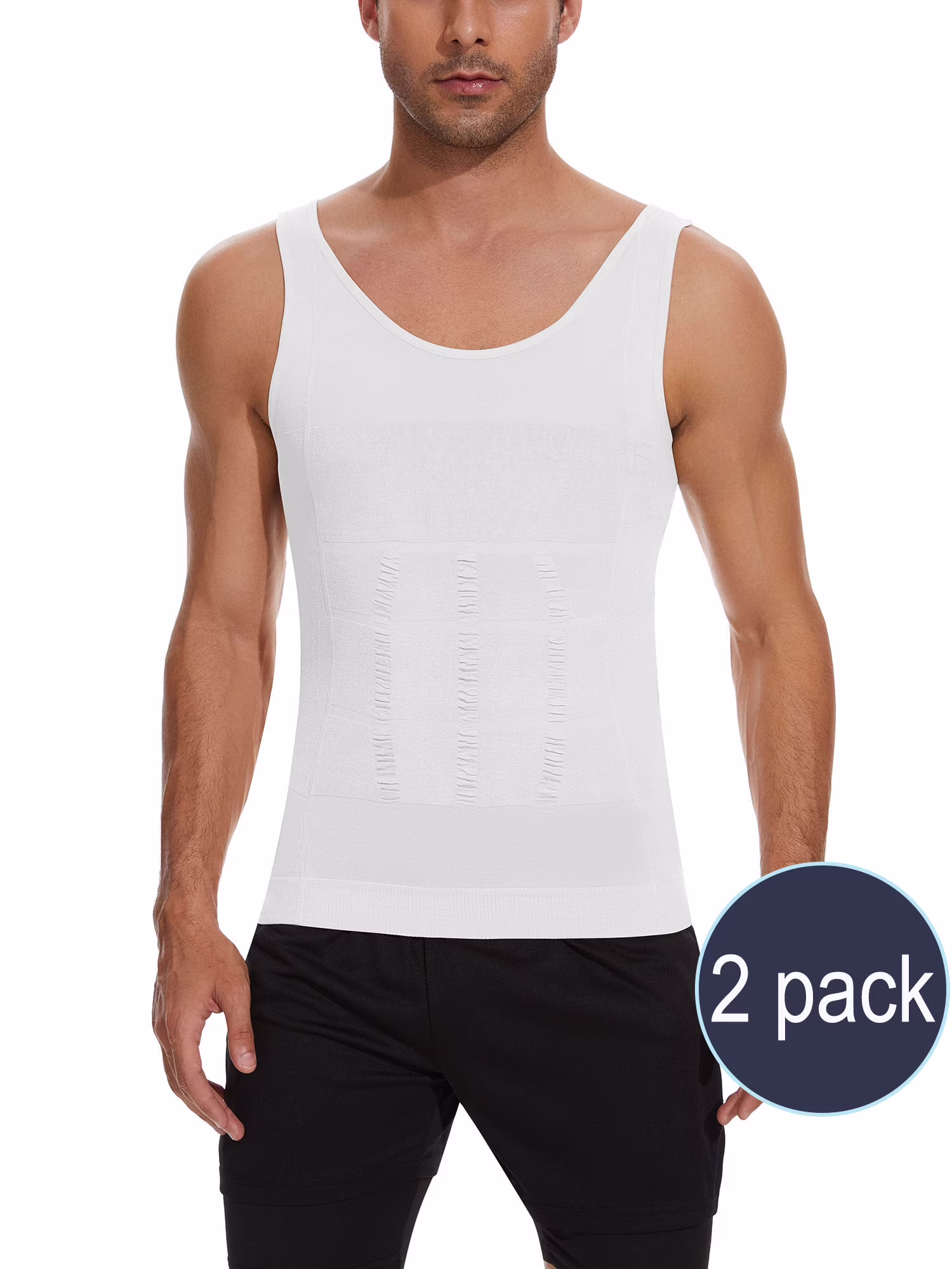QRIC 2 Pack Mens Compression Shirts Shapewear Slimming Body Shaper Tank Top Vest Belly Control Undershirt White 2XL