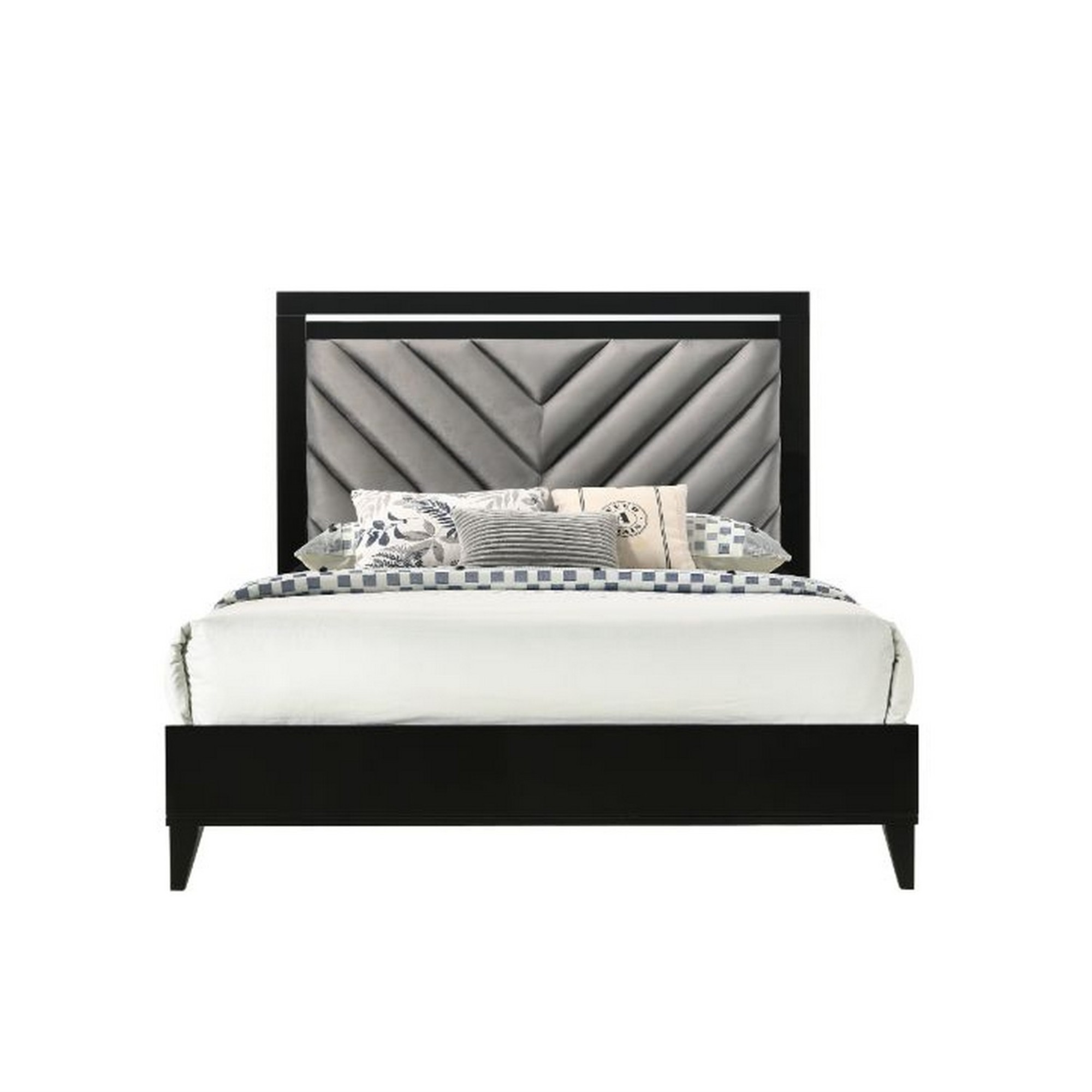 Benjara Queen Bed with Padded Headboard and Metal Trim, Gray and Black