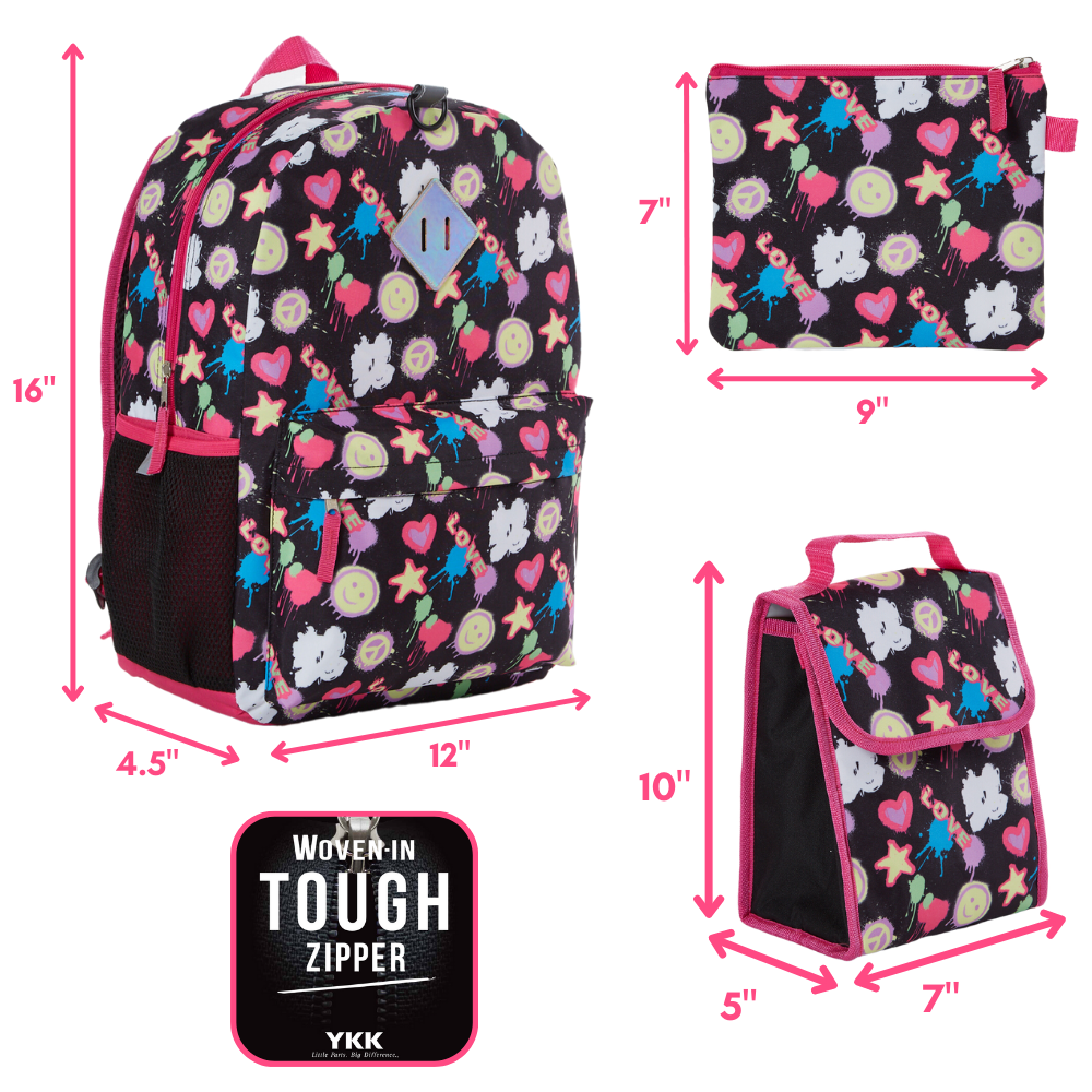 Club Libby Lu Heart Love Girls Backpack with Lunch Box and Water Bottle 6 Piece Set 16 inch Black