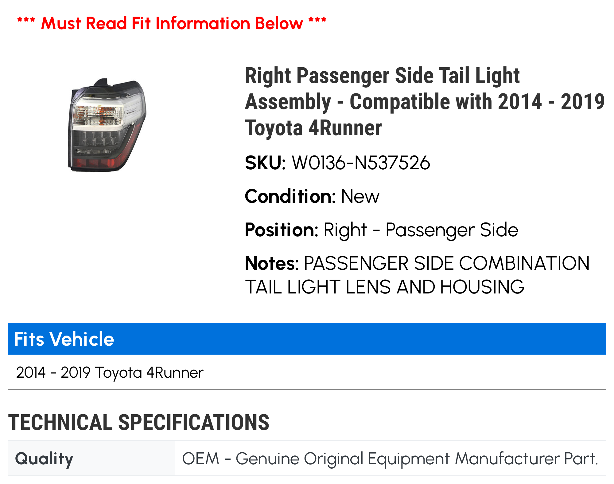 Right Passenger Side Tail Light Assembly - Compatible with 2014 - 2019 Toyota 4Runner 2015 2016 2017 2018