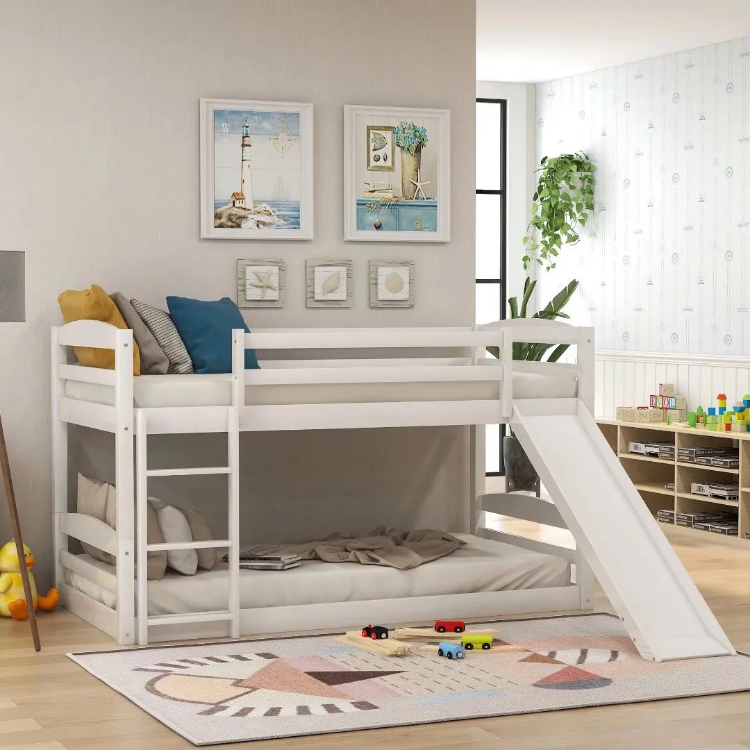 White Twin over Twin Low Bunk Bed with Slide and Ladder