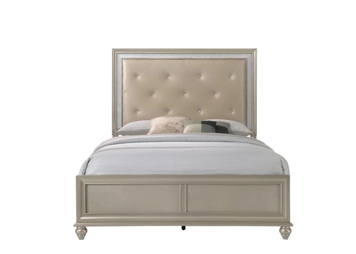Modern Champagne Faux Finish Diamond Button Tufted HB 4pc Twin Size Youth Bedroom Set Bed Dresser Mirror Nightstand