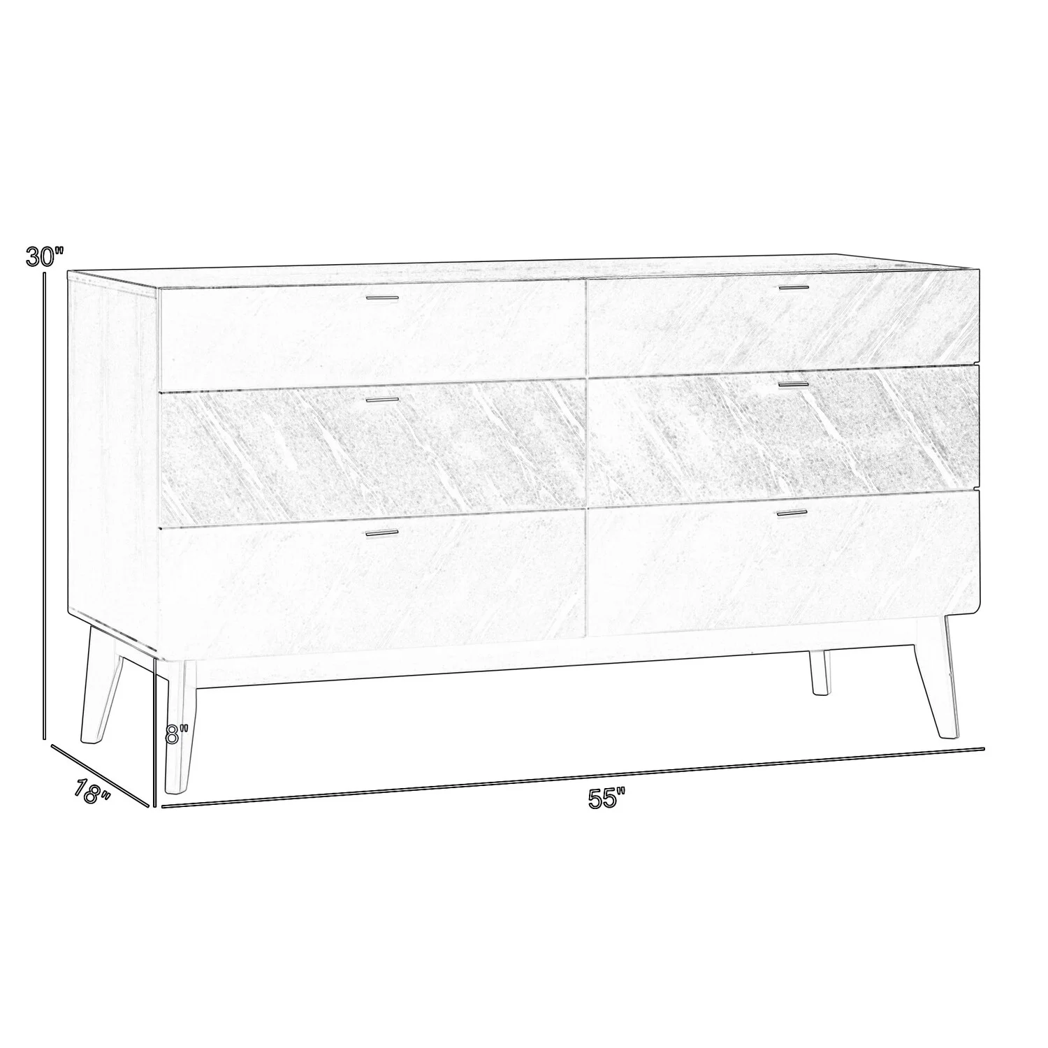 BenJara Saly 55 Inch Wide Dresser, 6 Drawer, Diagonal Wood Grain, Black Finish