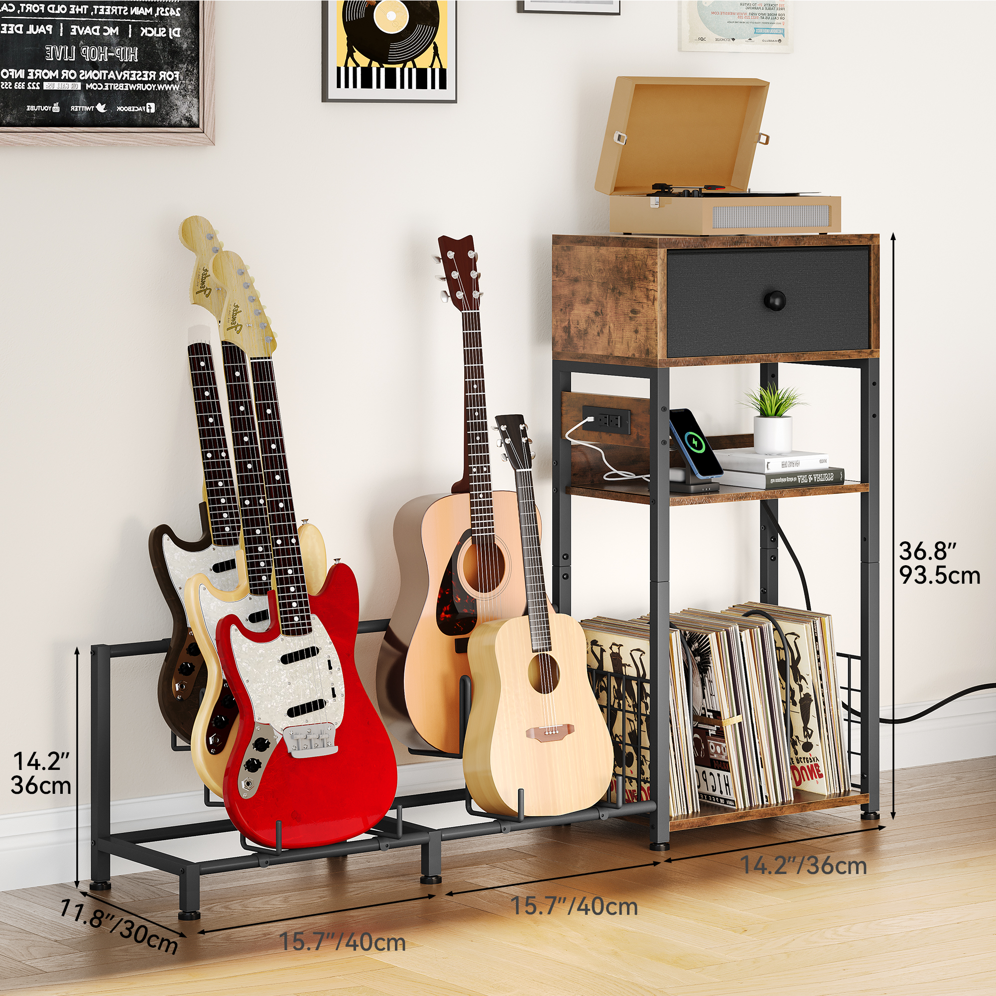 Dextrus Guitar Stand 4 Holder, Storage Drawer and Power Strip, Adjustable Multiple Guitar Stands Floor With Amp Accessories Rack