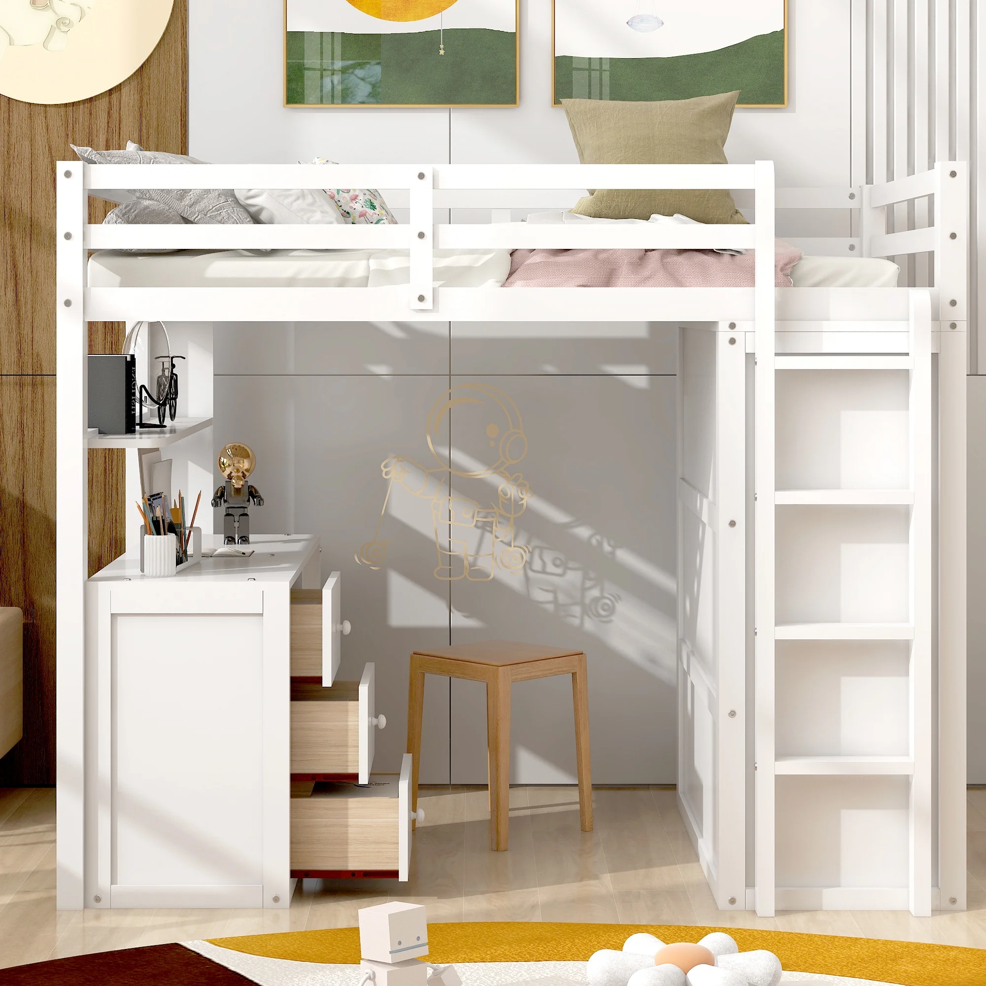 Twin Size Loft Bed with Desk, Drawers and Wardrobe Storage, White