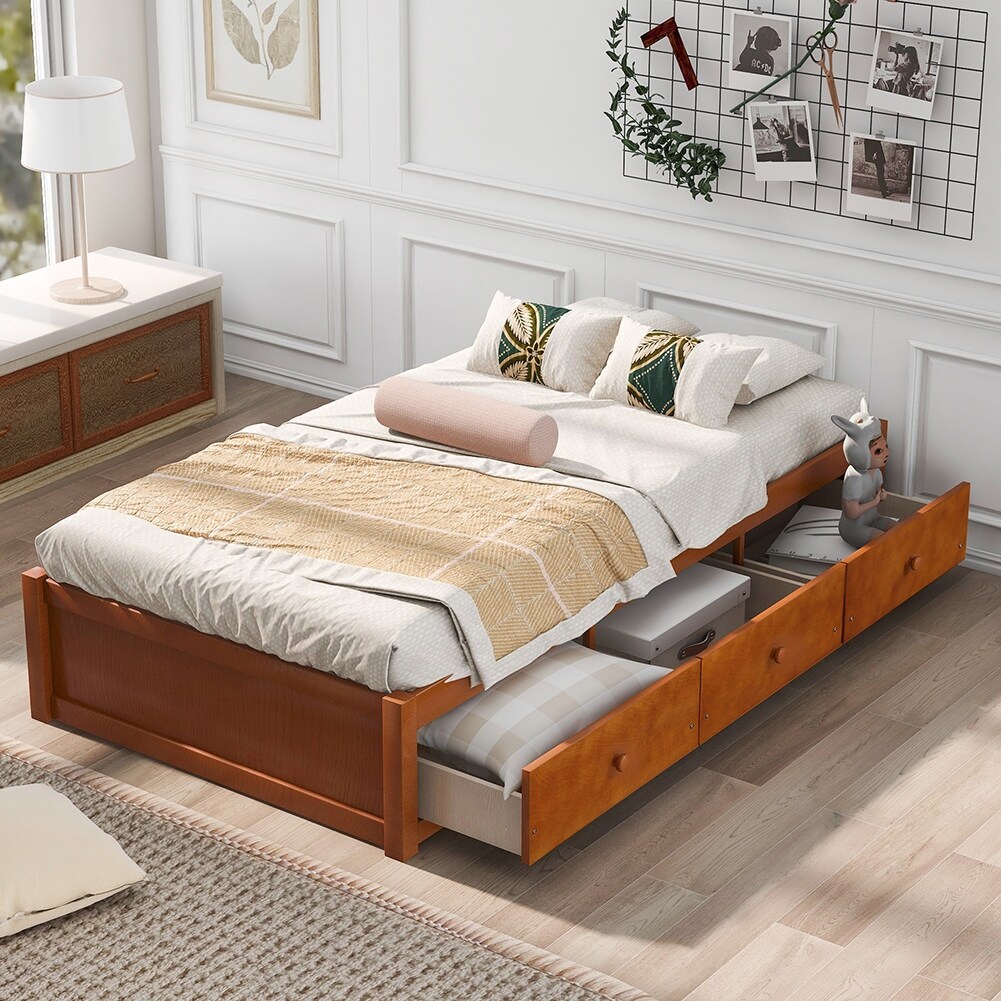 Twin Size Platform Storage Bed with 3 Drawers Oak