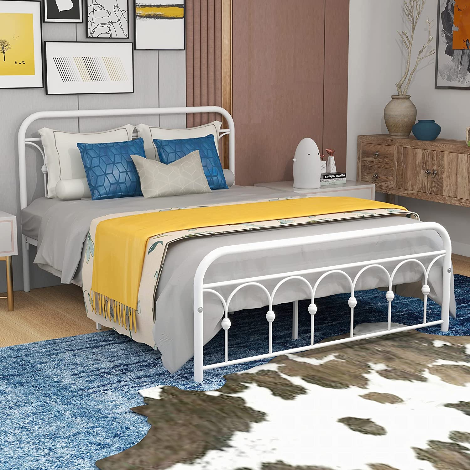 Queen Bed Frame with Storage Metal Platform Bed Frames with Headboard and Footboard Heavy Duty Mattress No Box Spring Needed White