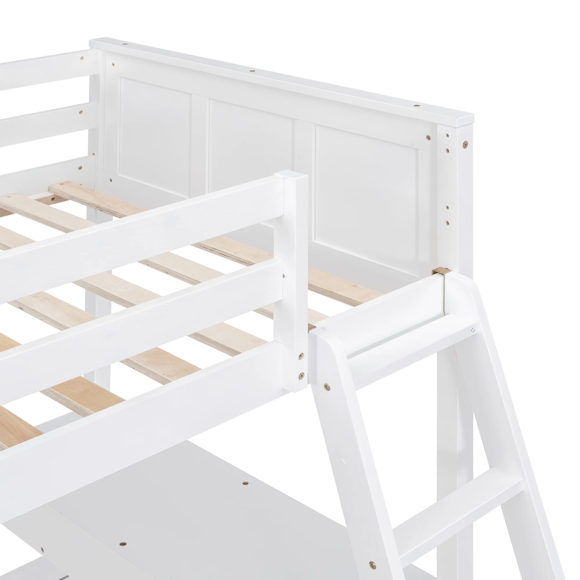 Nestfair White Twin Over Full Wood Bunk Bed with Desk and Drawers
