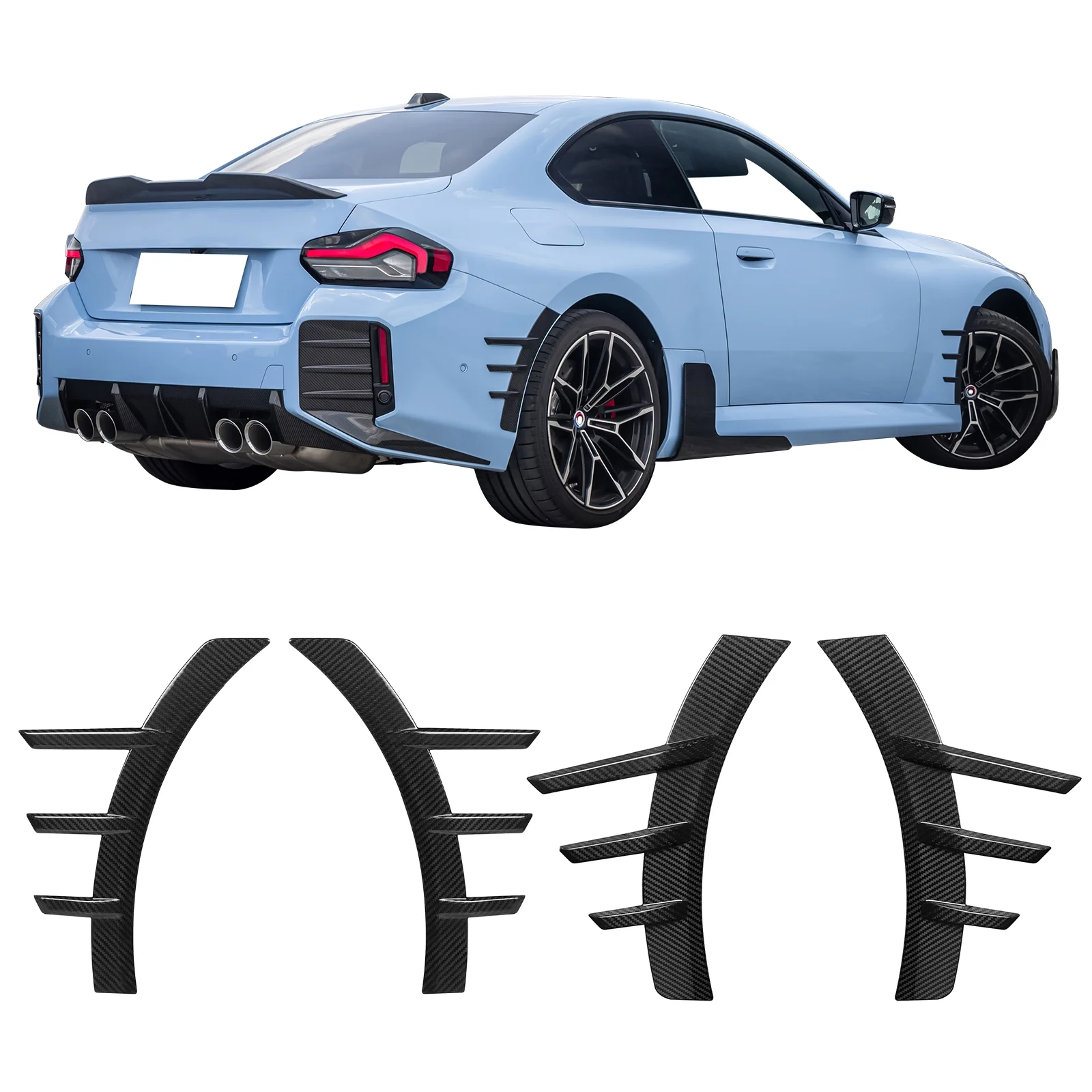 Ikon Motorsports Front & Rear Side Fender Spats Compatible With 2023-2024 BMW G87 M2, M Performance Style Air Vent Arched Fins Dry Carbon Fiber Left Right Wheel Flare Molding Trim 2PC