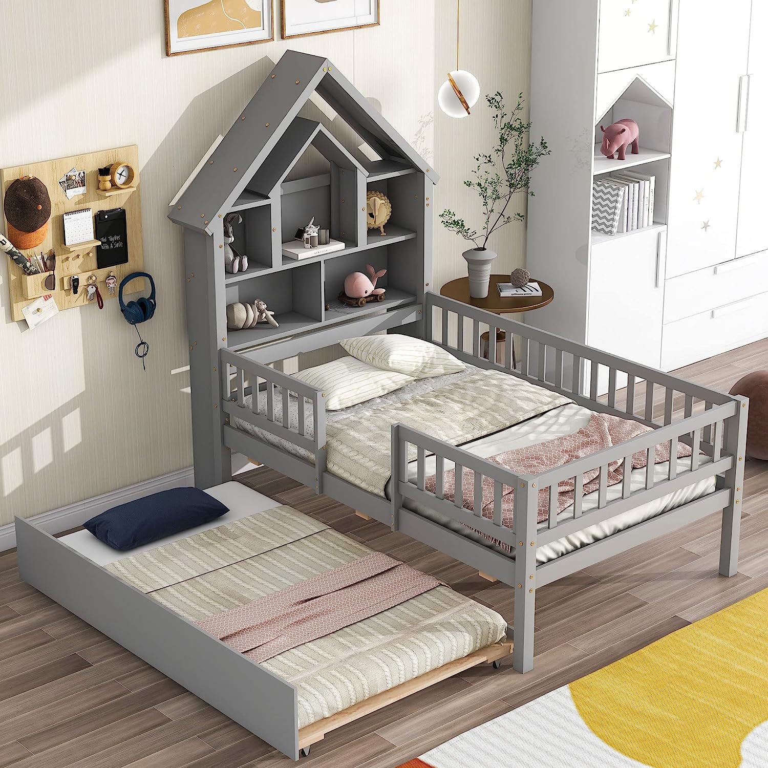 House Bed With Bookcase Headboard And Trundle, Montessori Bed Platform Bed With Storage And Fence Guardrails, Solid Wood Playhouse Bed Frame For Kids Teens Girls Boys ( Size, Gray)