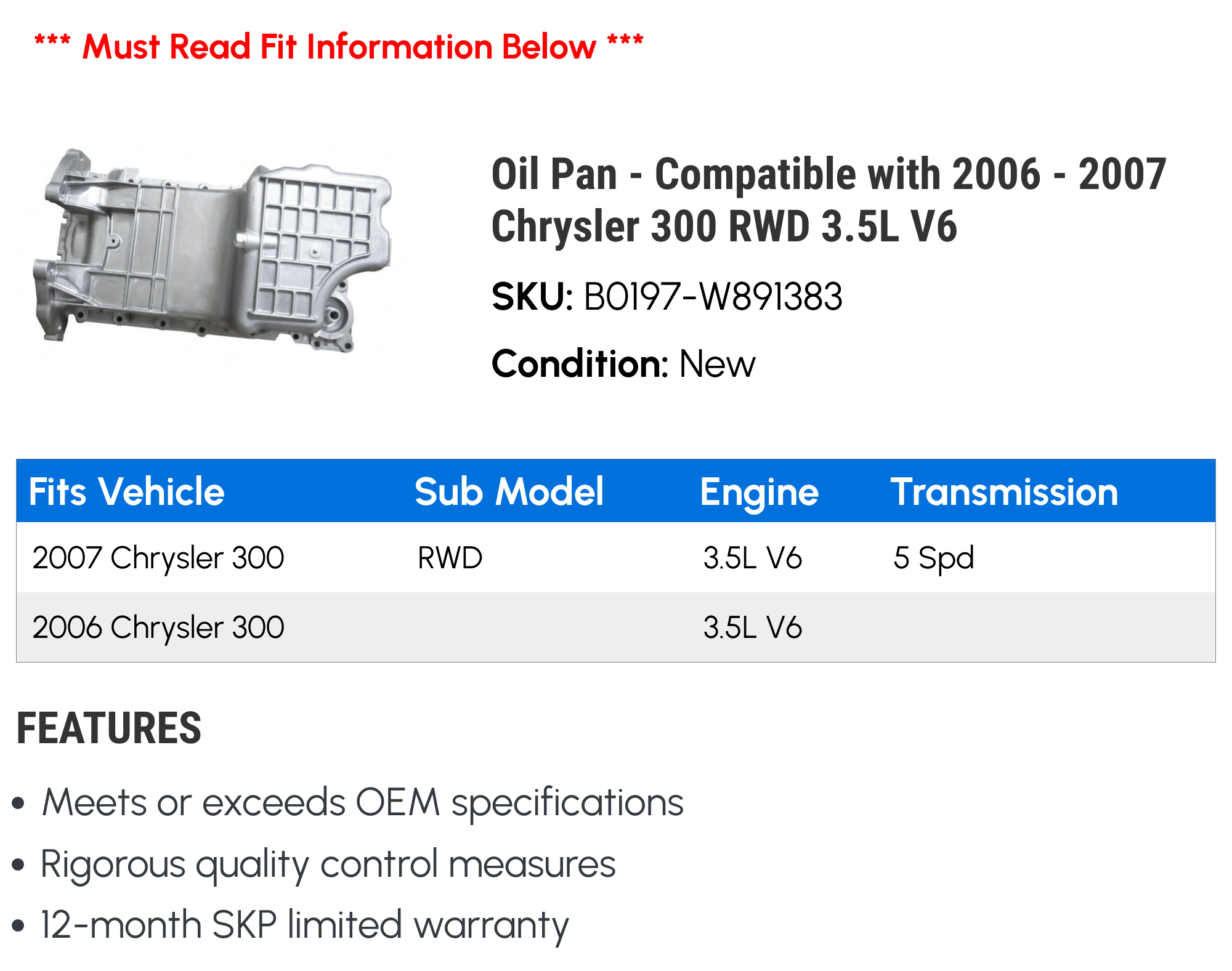 Pan - Compatible with 2006 - 2007 Chrysler 300 RWD 3.5L V6