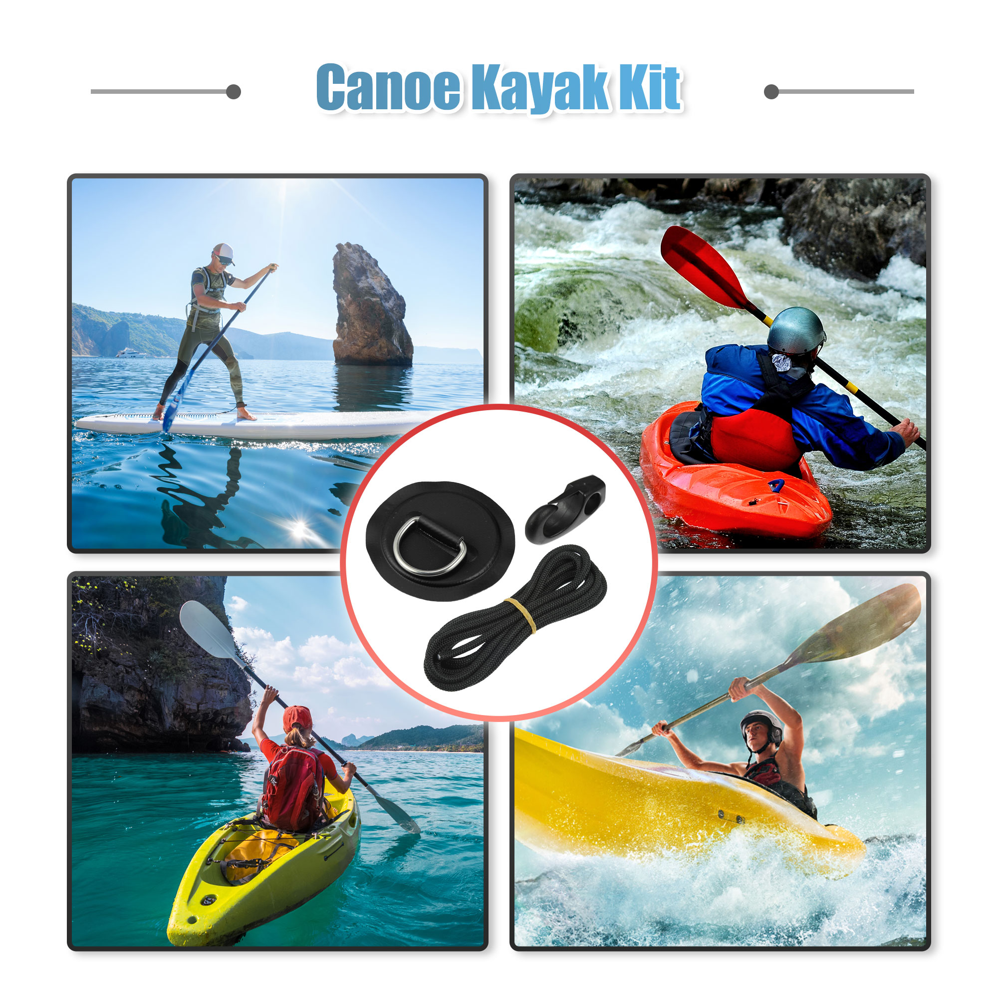 Unique Bargains 9pcs 11.81Ft 6mm Shock Cord with Hooks Elastic Deck Rigging Kit with 4 D Ring Patch for Kayak Black