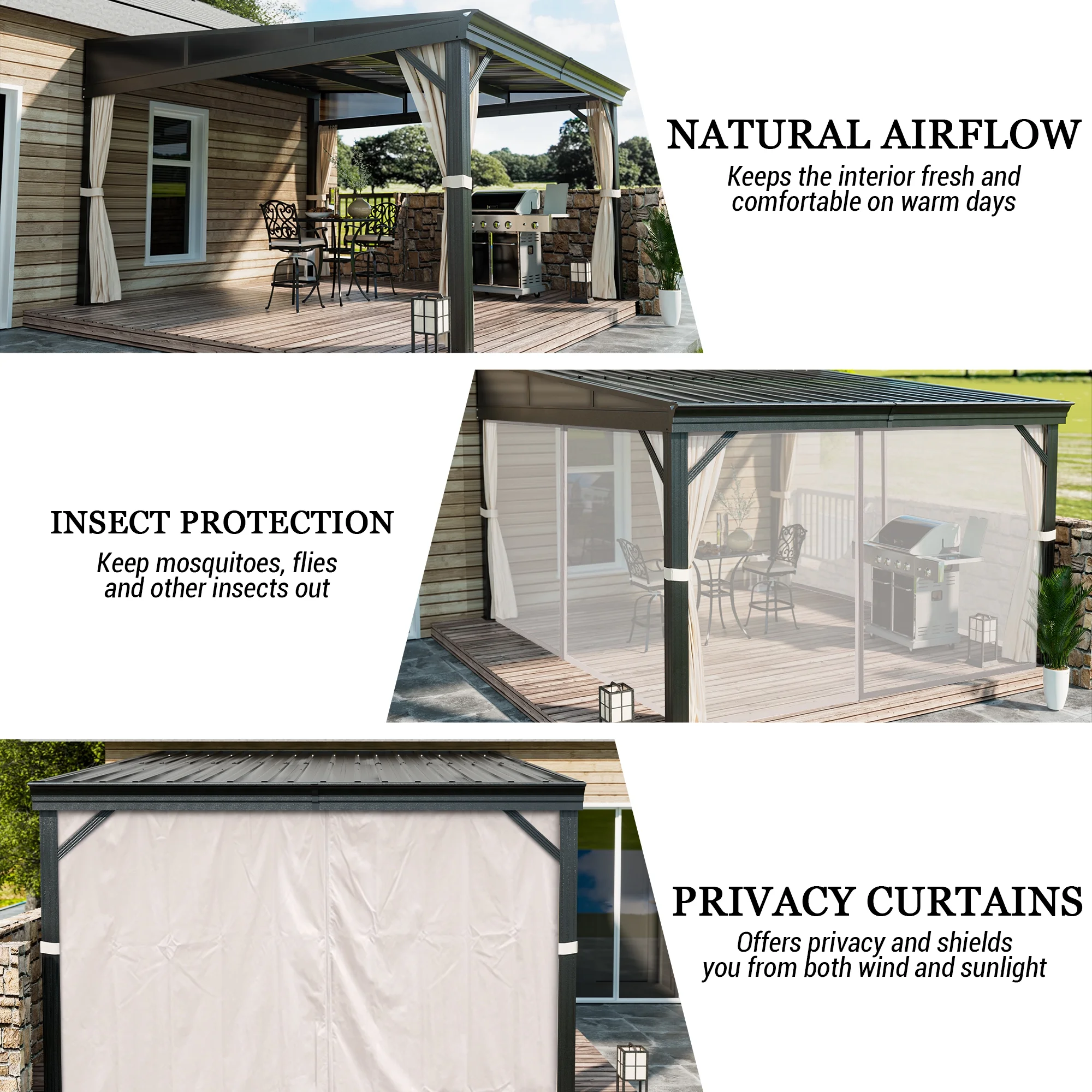 Mondawe 10x12 ft Wall-Mounted Hardtop Gazebo with Aluminum Frame, Galvanized Steel Roof, Sunroom, Curtains, and Netting