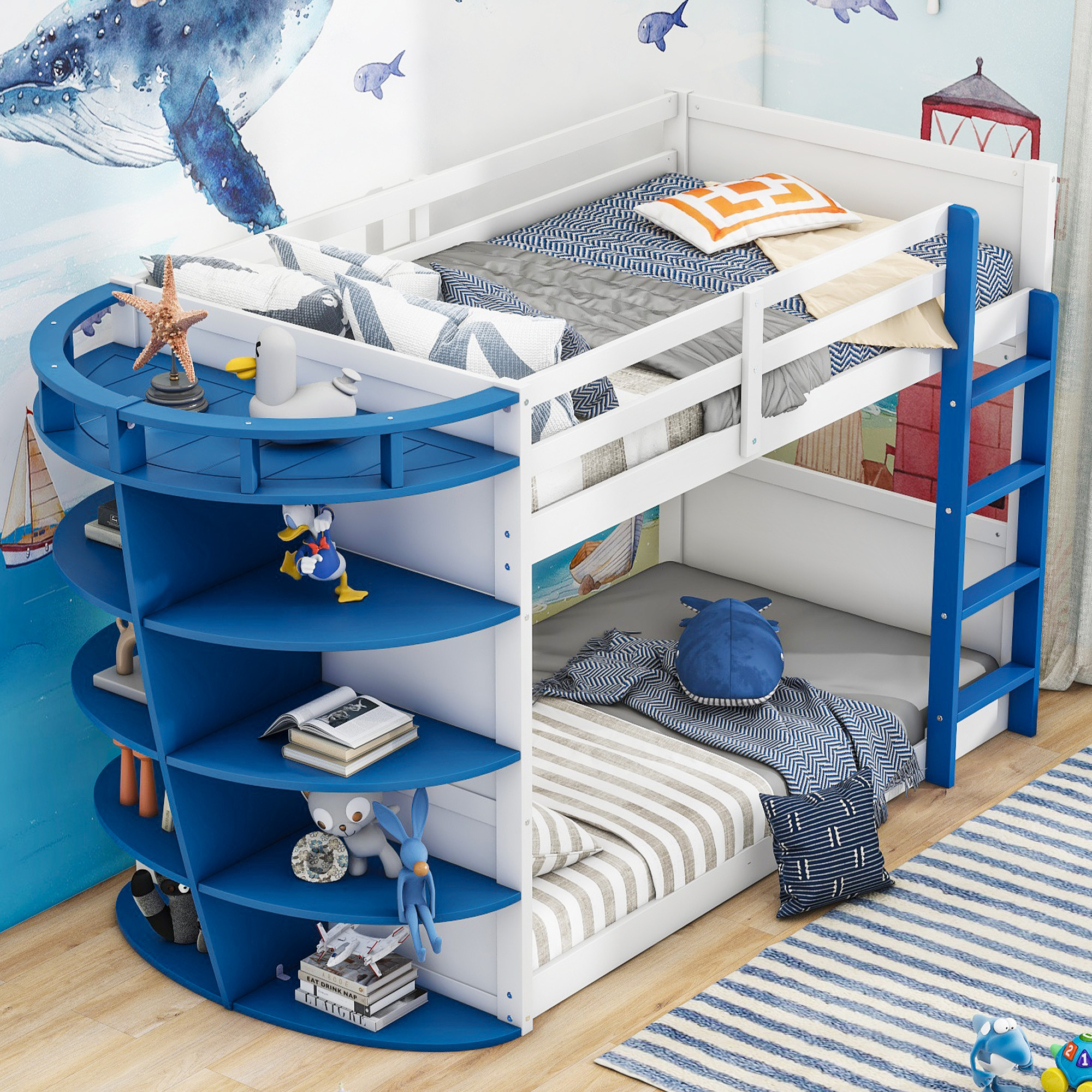 Nestfair Blue Twin over Twin Boat-Like Shape Bunk Bed with Shelves