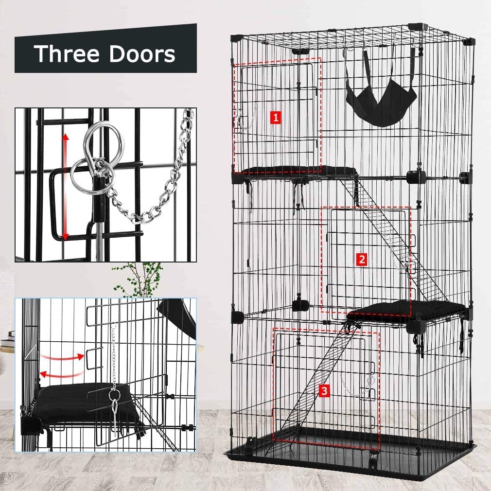 NiamVelo 67 inch Metal Cat Cage Indoor Cat Crate Kennel Pet Playpen with Hammock 3 Cat Bed, Black