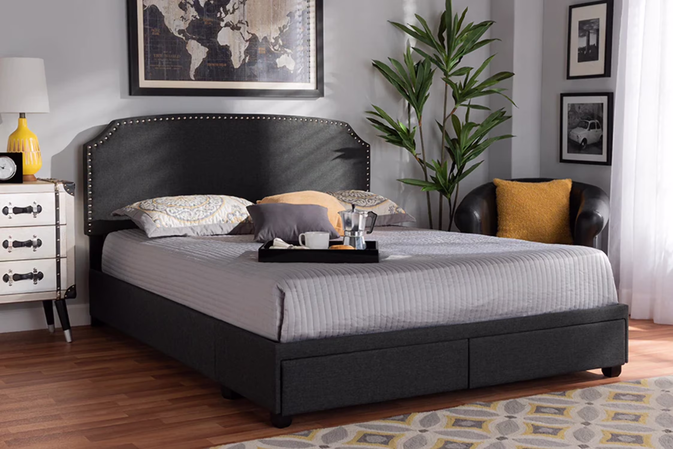 Baxton Studio Larese Dark Grey Fabric Upholstered 2-Drawer Queen Size Platform Storage Bed