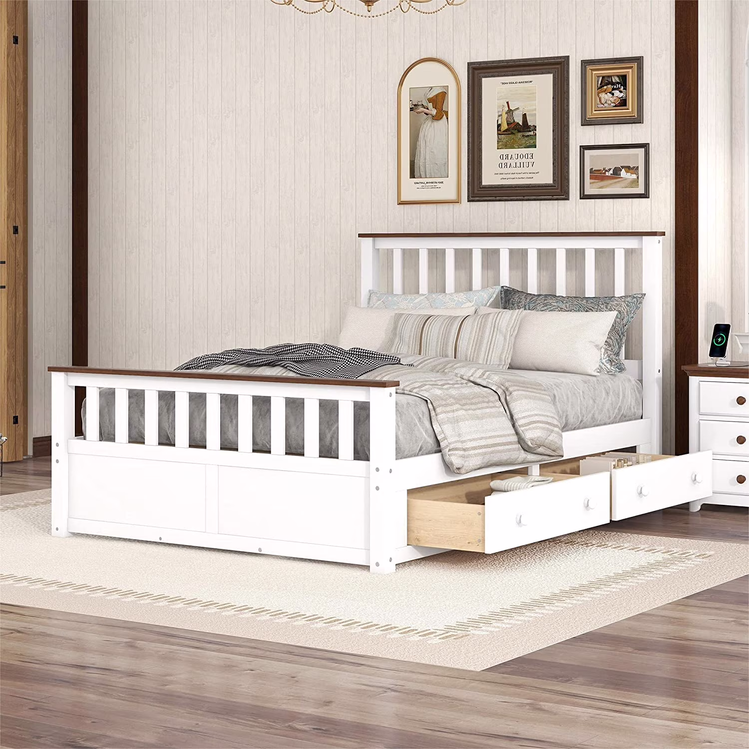 Full Size Platform Bed With Two Storage Drawers, Wooden Storage Platform Bed With Headboard And Footboard, Drawers Can Be Placed Under Either Side, No Spring Box Needed, White+Walnut