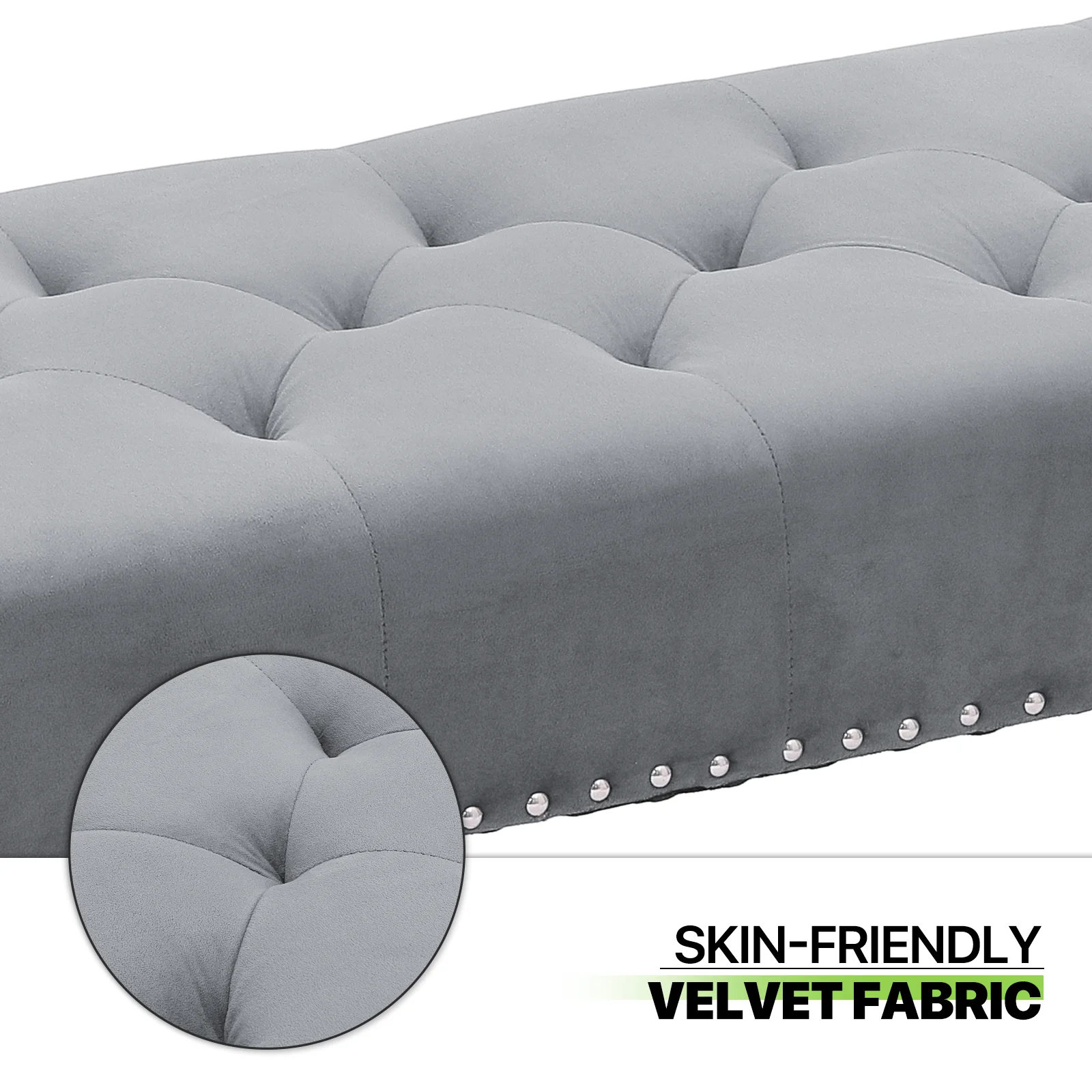 Magshion Tufted Velvet Ottoman, Entryway Wooden Stand Upholstered Seat Shoe Stool, Bedroom End of Bed Bench, Home Microfiber Fabric Footstool, Grey