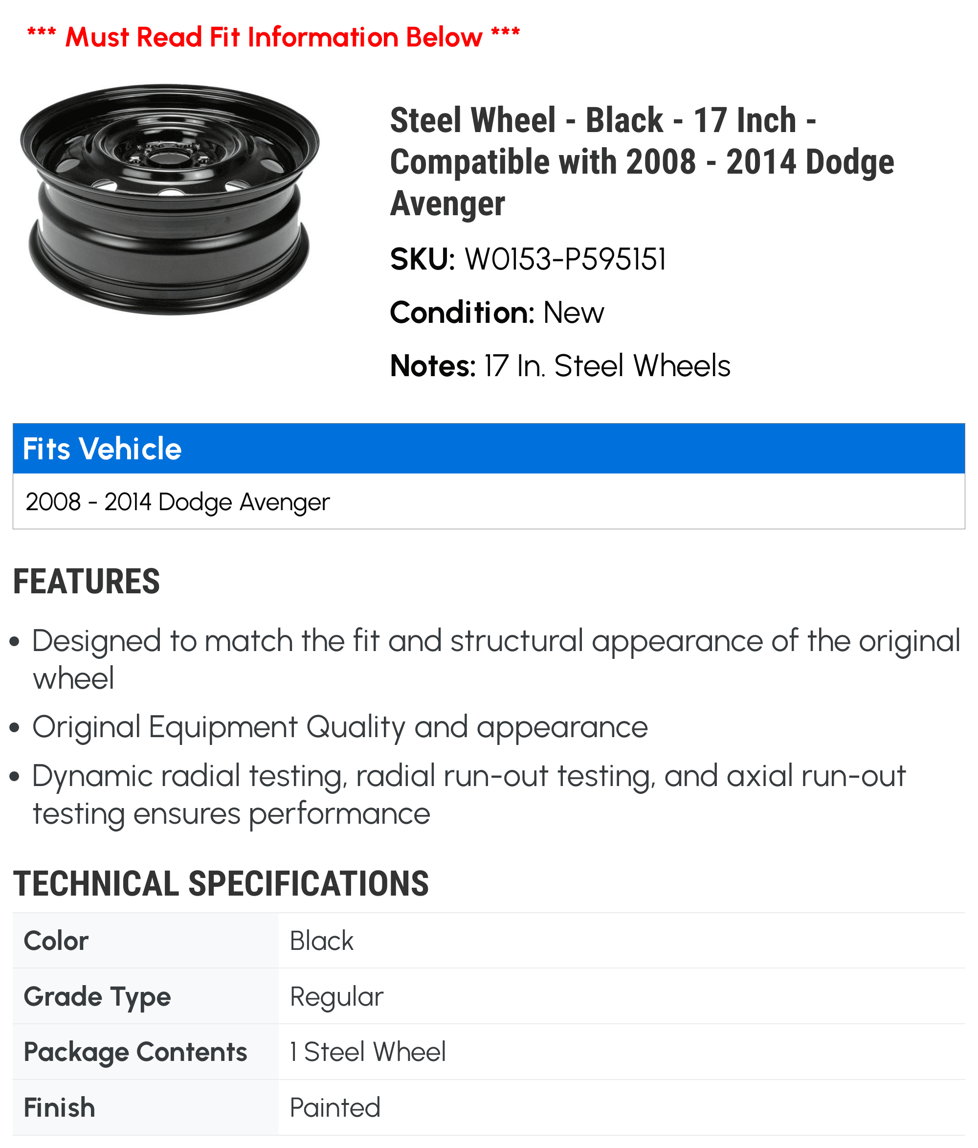 Steel Wheel - Black - 17 Inch - Compatible with 2008 - 2014 Dodge Avenger 2009 2010 2011 2012 2013