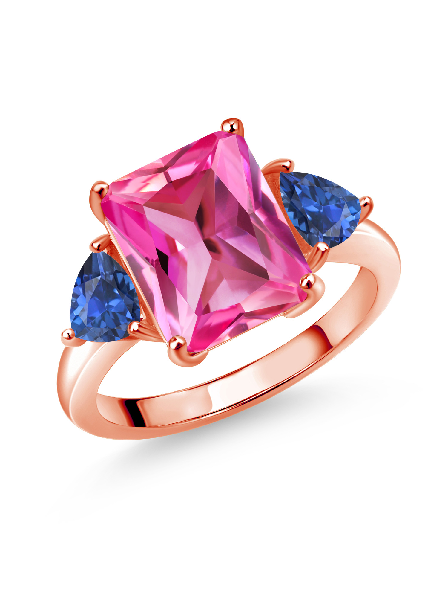 Gem Stone King 18K Rose Gold Plated Silver Pink and Blue Created Sapphire 3 Stone Ring For Women (7.68 Cttw, Octagon 12X10MM, Trillion 5X5MM, Gemstone September Birthstone, Size 6)