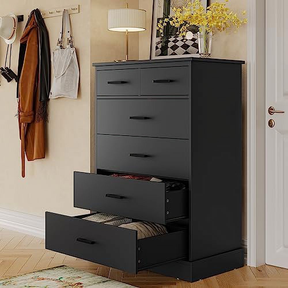 Black Dresser for Bedroom  6 Drawers Dresser Wood  Tower Clothes Organizer  Chest of 6 Drawers  Large Capacity  Cabinet  Tall Dresser for Bedroom  Hallway  Entryway